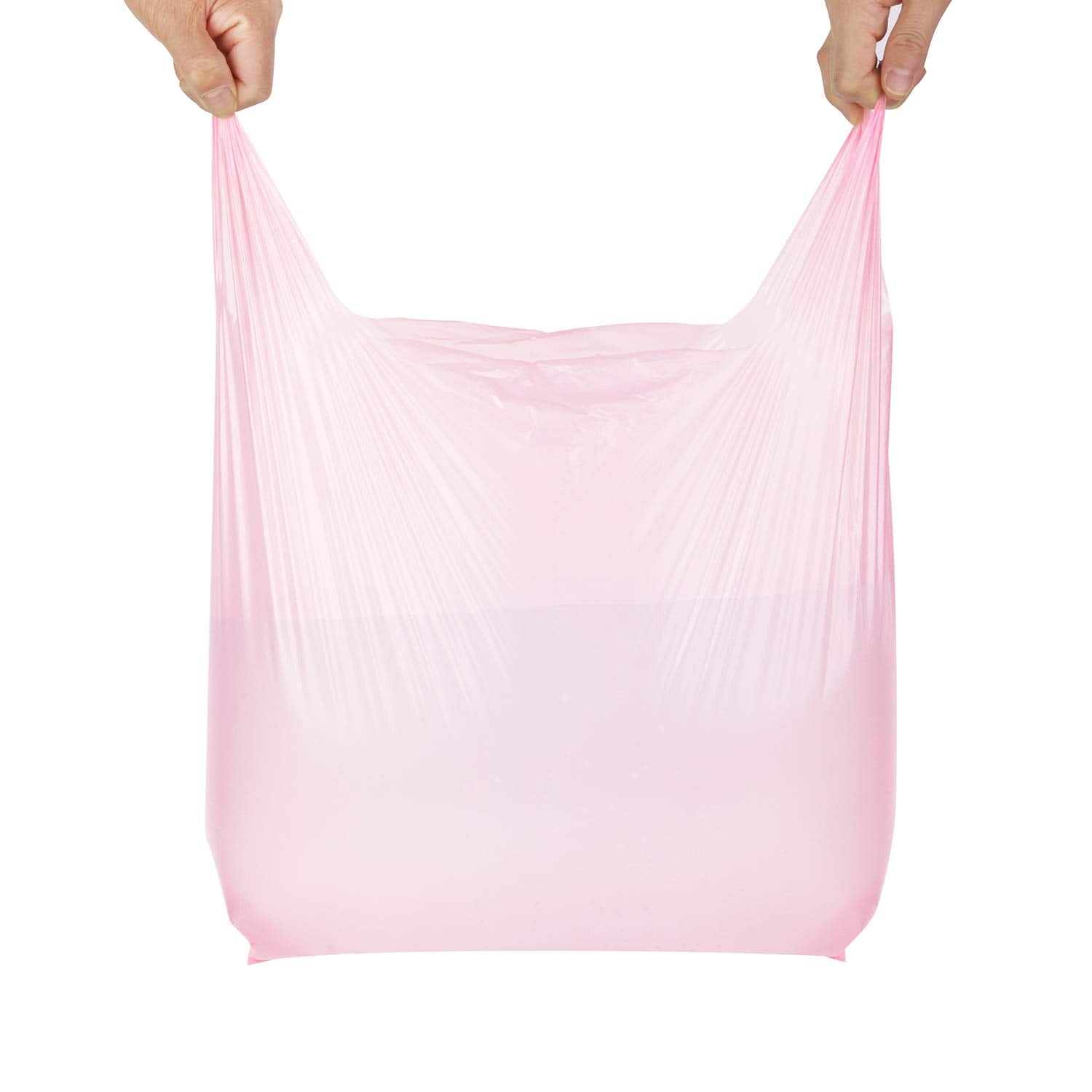 LazyMe T Shirt Bags, Bolsas De Plastico Para Negocio,12x20 Inches Plastic Shopping Bags with Handles for Grocery, Business, Restaurant Use (Pink 100pcs)