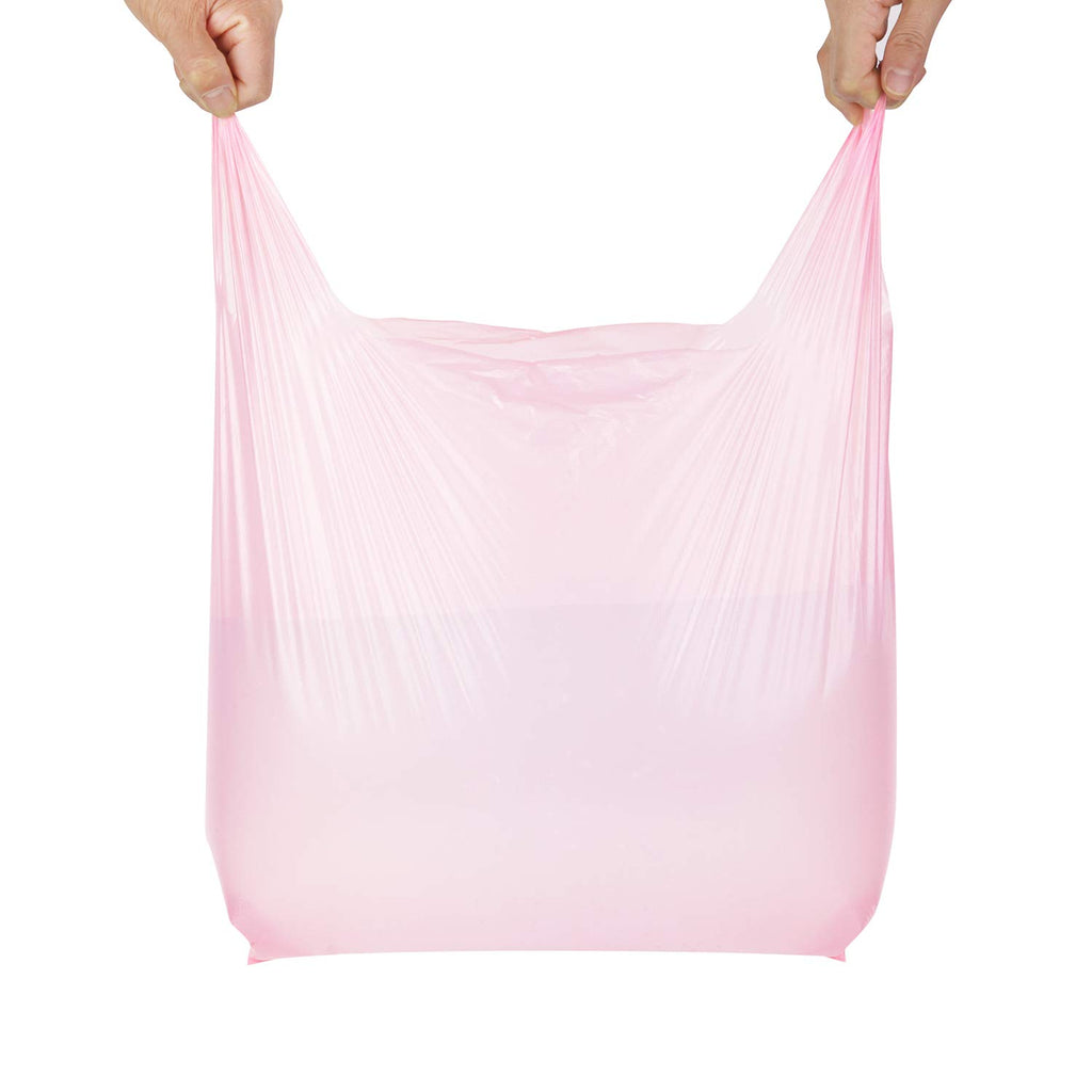 LazyMe T Shirt Bags, Bolsas De Plastico Para Negocio,12x20 Inches Plastic Shopping Bags with Handles for Grocery, Business, Restaurant Use (Pink 100pcs)