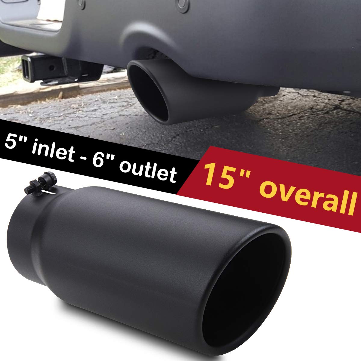 LCGP 5" Inlet Exhaust Tip, 6" Outlet 15" Long Bolt On Stainless Steel Diesel Exhaust Tailpipe Black