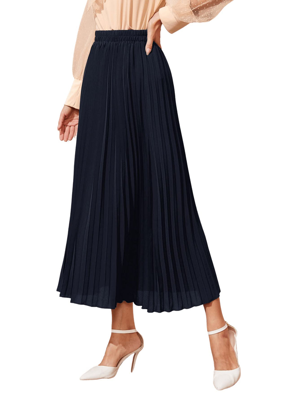 SweatyRocks Women's Casual Solid Longline Pleated Long Skirt