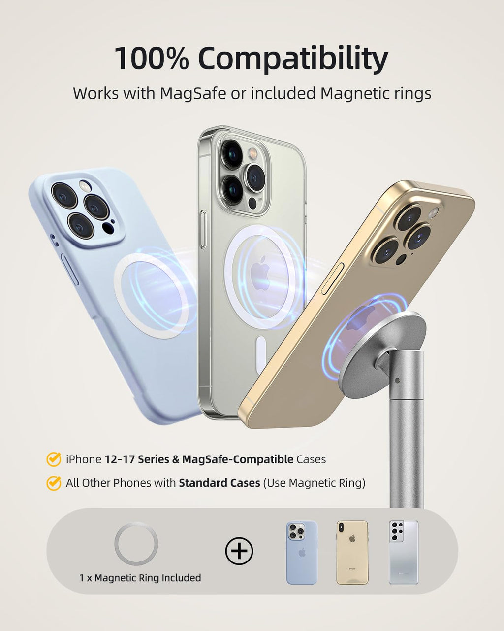 Nulaxy Magnetic Full Aluminum Cell Phone Stand for MagSafe with Metal Ring, 360 Rotating Phone Stand for Desk, Office Desk Accessories, Adjustable Phone Holder Compatible with All Phones, Gray