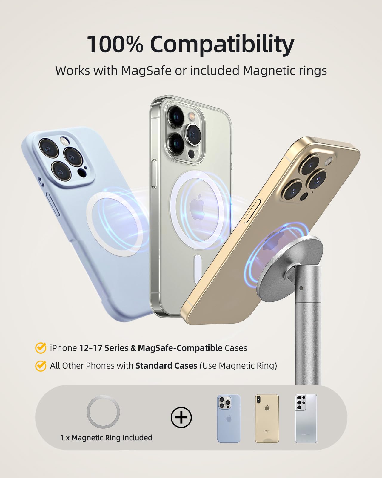 Nulaxy Magnetic Full Aluminum Cell Phone Stand for MagSafe with Metal Ring, 360 Rotating Phone Stand for Desk, Office Desk Accessories, Adjustable Phone Holder Compatible with All Phones, Gray
