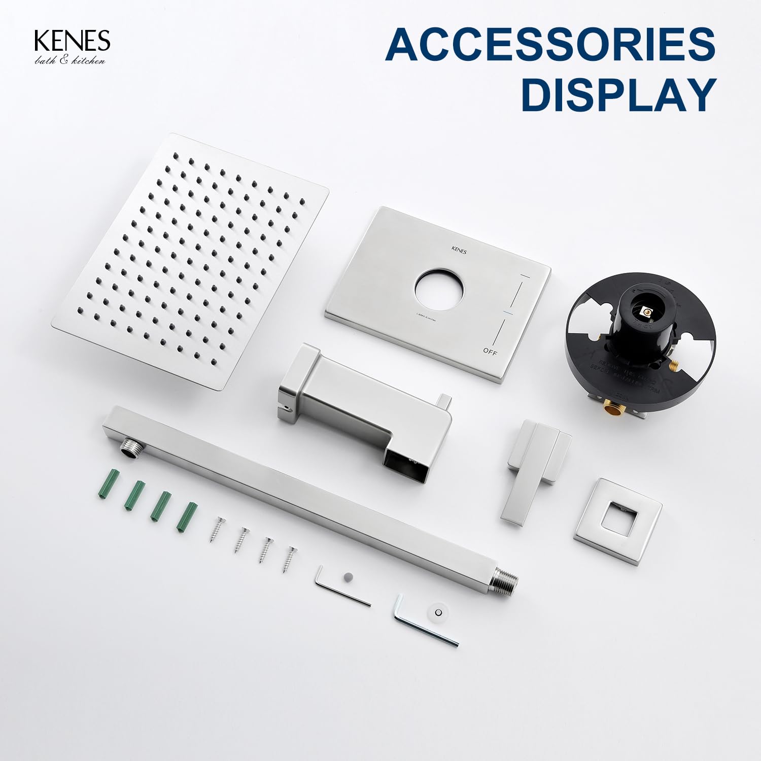 KENES Brushed Nickel 10-Inch Shower Head and Handle Set, Square Shower Faucet Set Bathroom Rainfall Shower System Wall Mount, KE-6024B (Shower Valve Included)