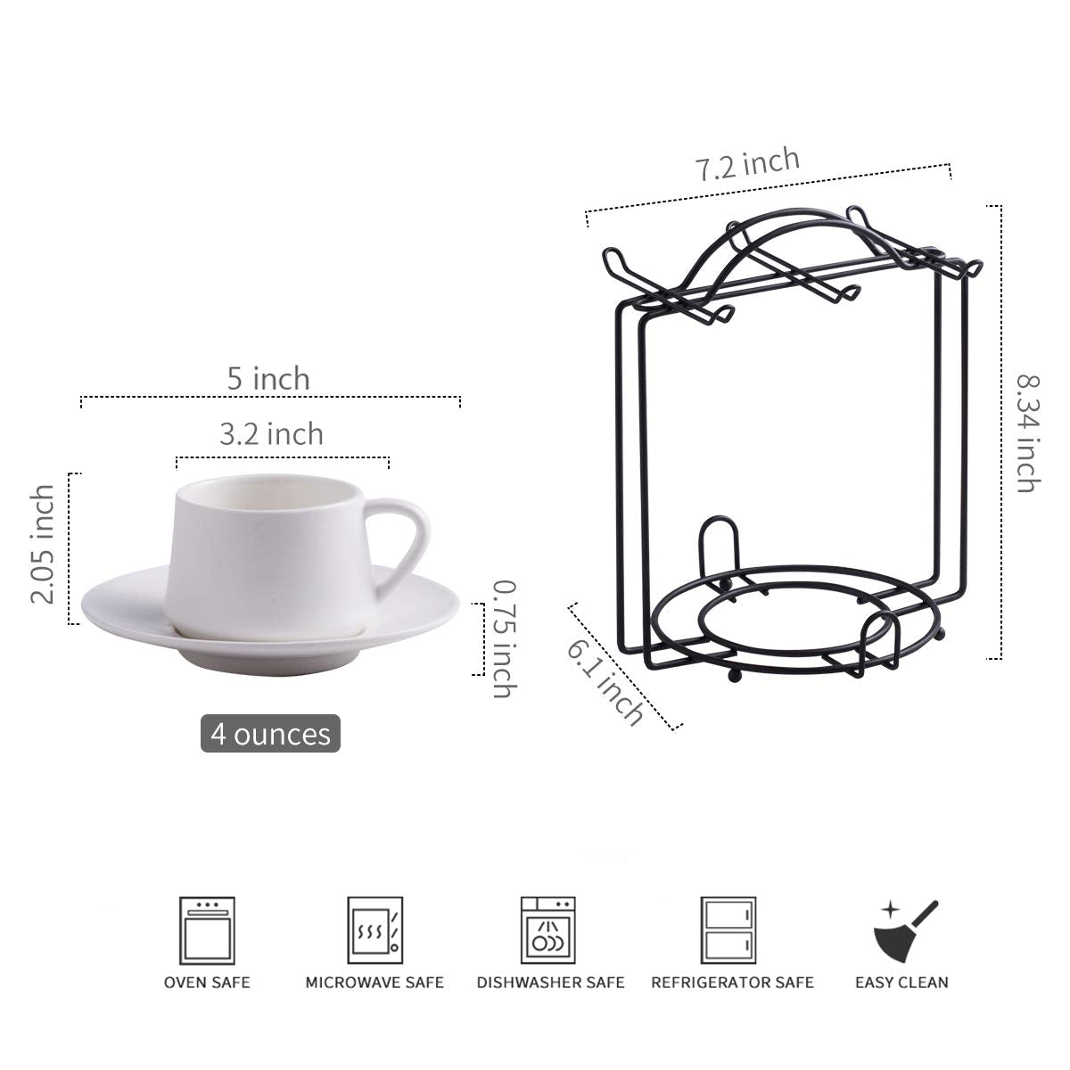 YHOSSEUN Ceramic Espresso Cups Set of 6, 4 OZ Expresso Shots Cup with Stand, Saucers & Spoons, Small Coffee Cup Demitasse Cups for Father's Day, Espresso Accessories for Machine, Black