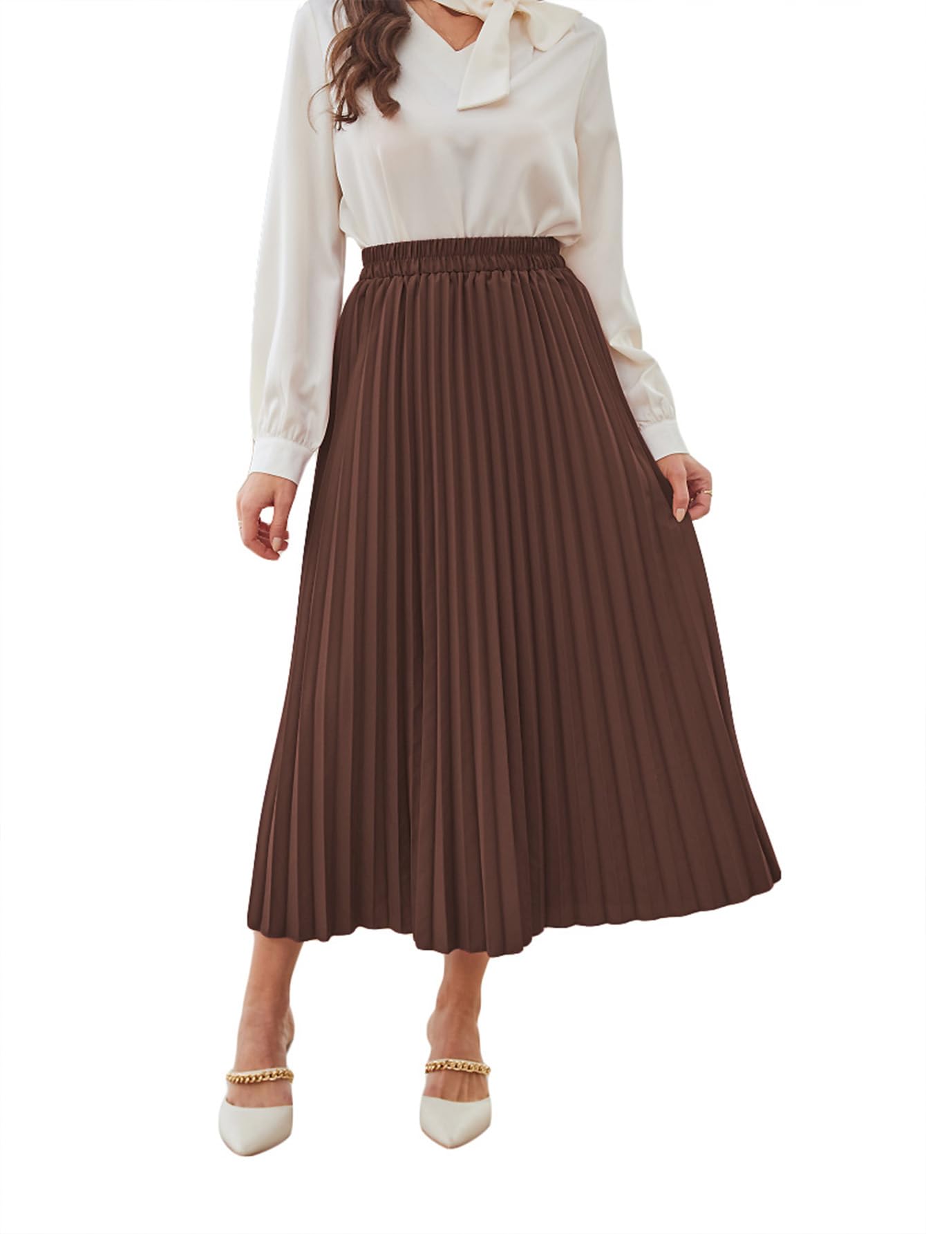 SweatyRocks Women's Casual Solid Longline Pleated Long Skirt