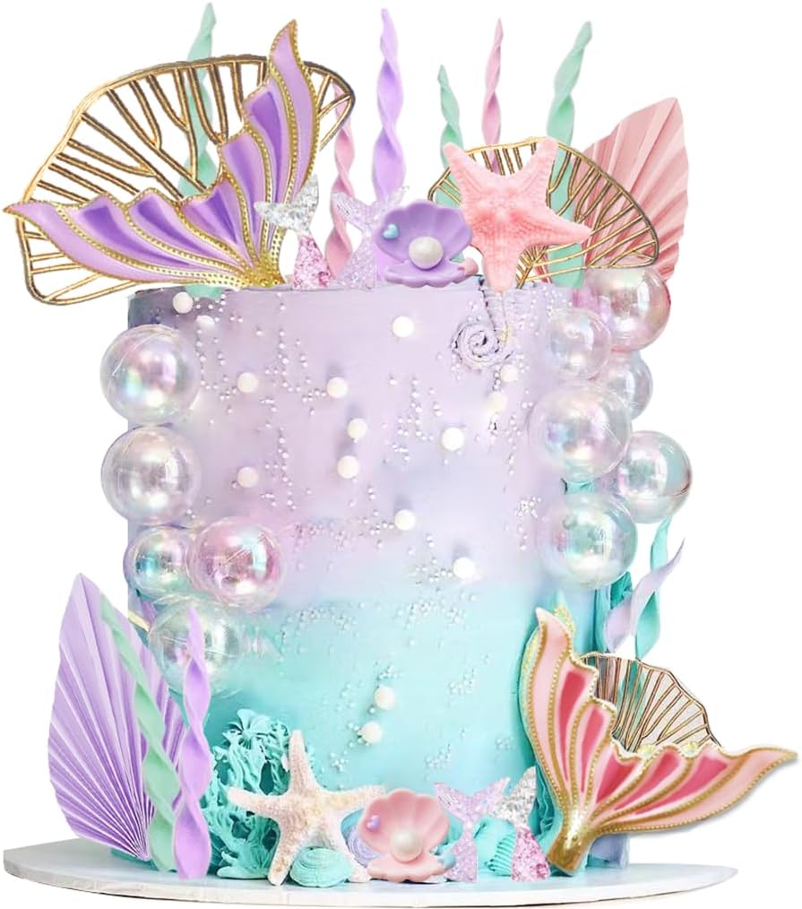 Mermaid Cake Topper for Mermaid Under the sea Cake Decor | Big Mermaid Tails Seaweed Bubbles Shells and Golden Ginkgo Leaves Cake Set