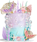 Mermaid Cake Topper for Mermaid Under the sea Cake Decor | Big Mermaid Tails Seaweed Bubbles Shells and Golden Ginkgo Leaves Cake Set