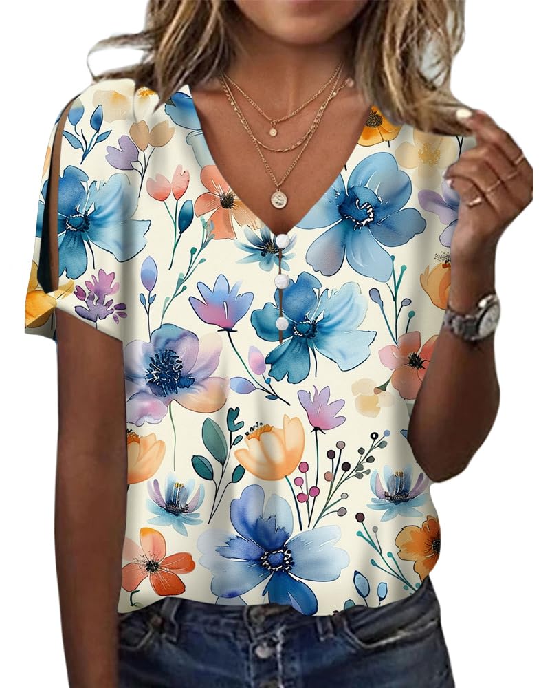 HOTYD Women's Boho Floral Print Ladies Short Sleeve Tops Summer Blouses Dressy Casual V Neck Cold Shoulder Tunic Tops
