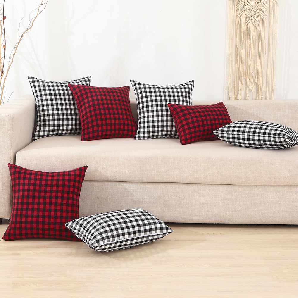 CARRIE HOME Black and White Buffalo Plaid Outdoor Pillow Covers 16x16 Set of 2, 16 x 16 Modern Farmhouse Decor Couch Pillows, Black White Winter Christmas Holiday Plaid Pillows (No Pillow Inserts)
