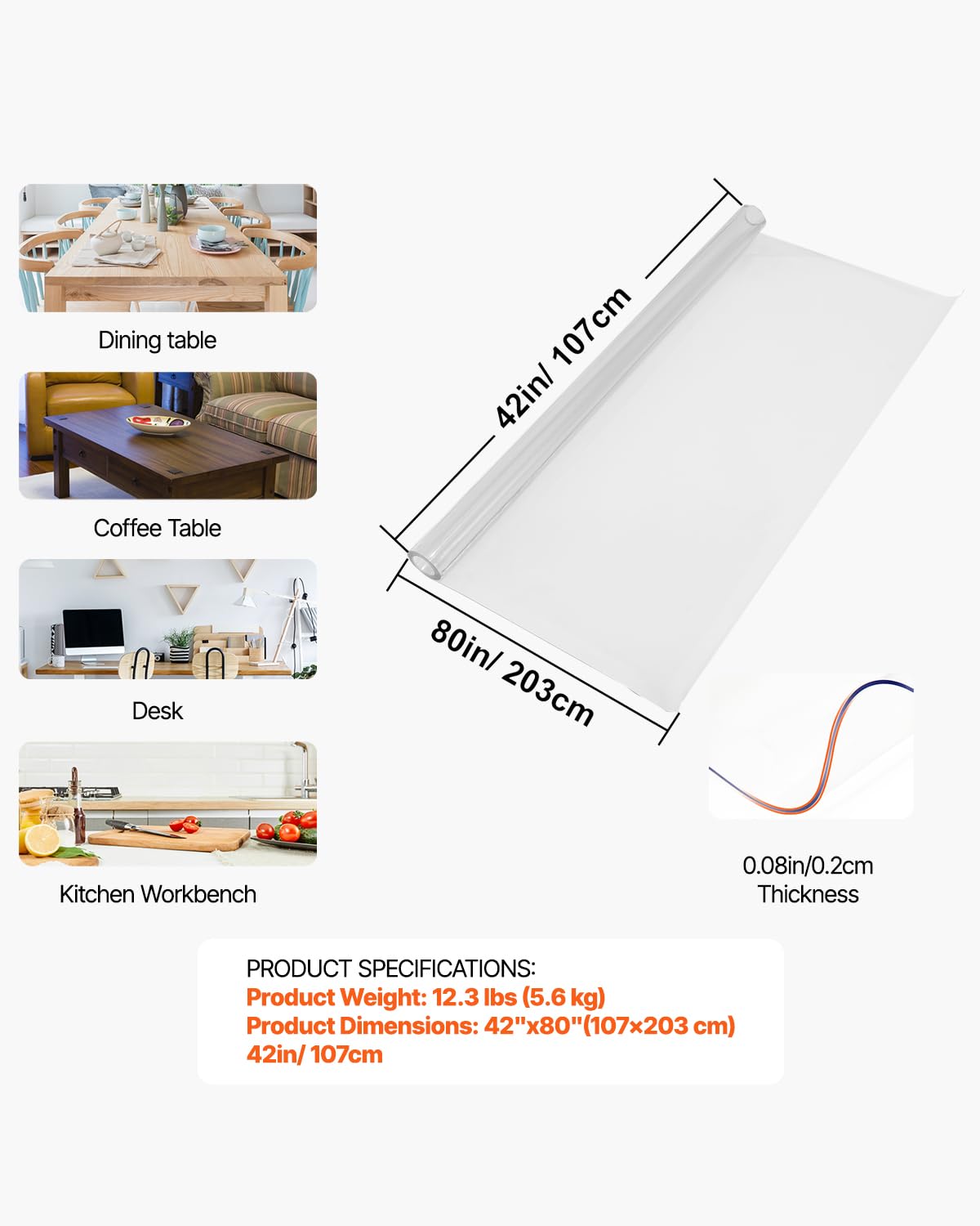 VEVOR Clear PVC Square Tablecloth, 12" x 12", 1.5mm Thick, Waterproof, Stain Resistant, Durable, Desk, Coffee Table, Dining Room Table