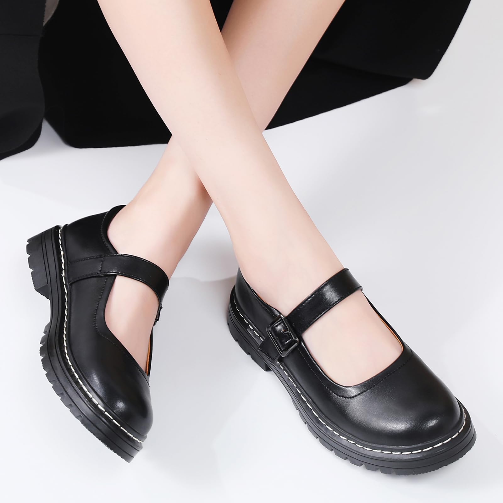 Mary Jane Shoes Women Platform Non-Slip Classics Round Toe Ankle Strap Comfort Casual Oxford Dress Work Mary Jane Flat Shoes