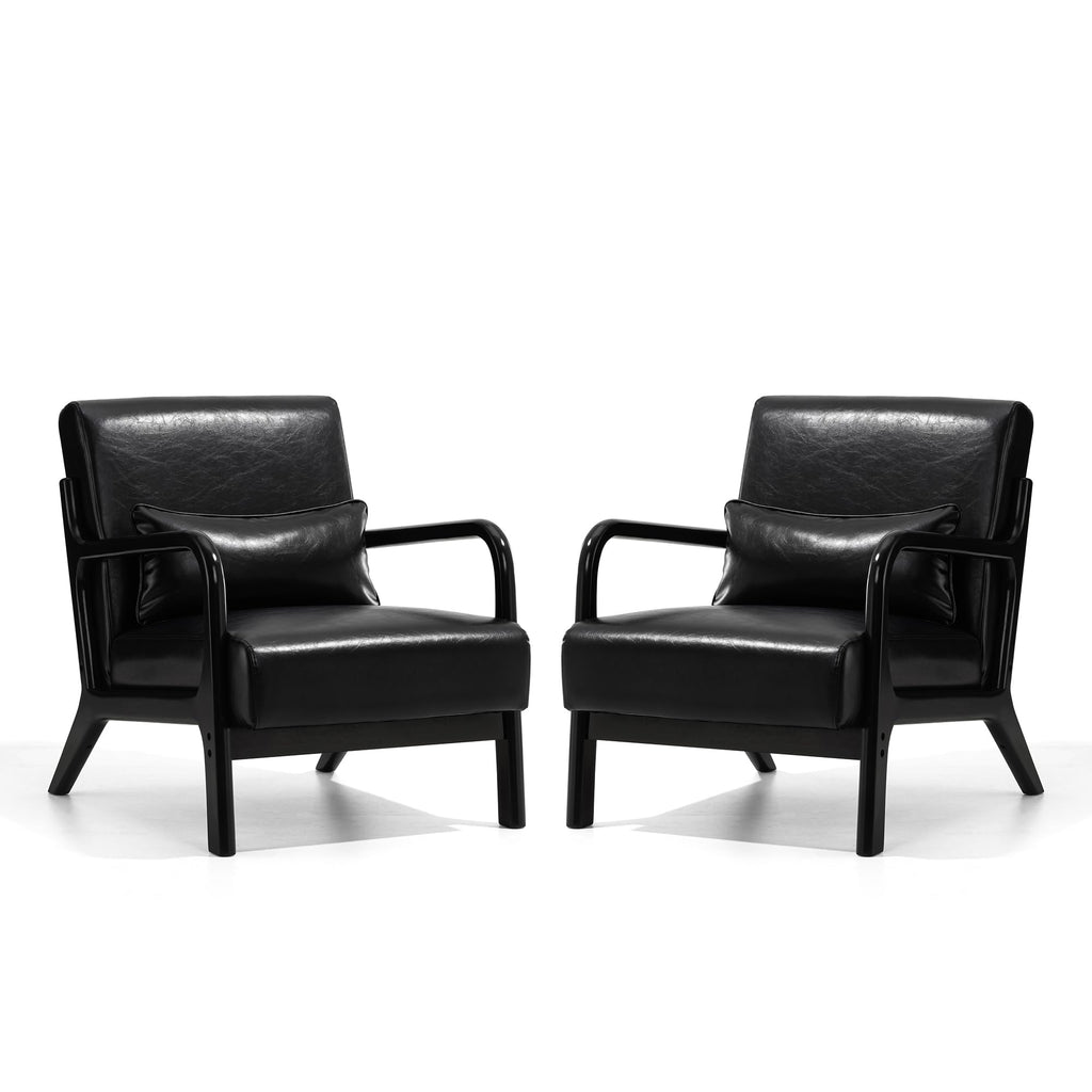 Glitzhome 2 Set Mid Century Black Accent Armchair, Single Reading Armchair PU Leather Lounge Chair with Walnut Ruberwood Frame