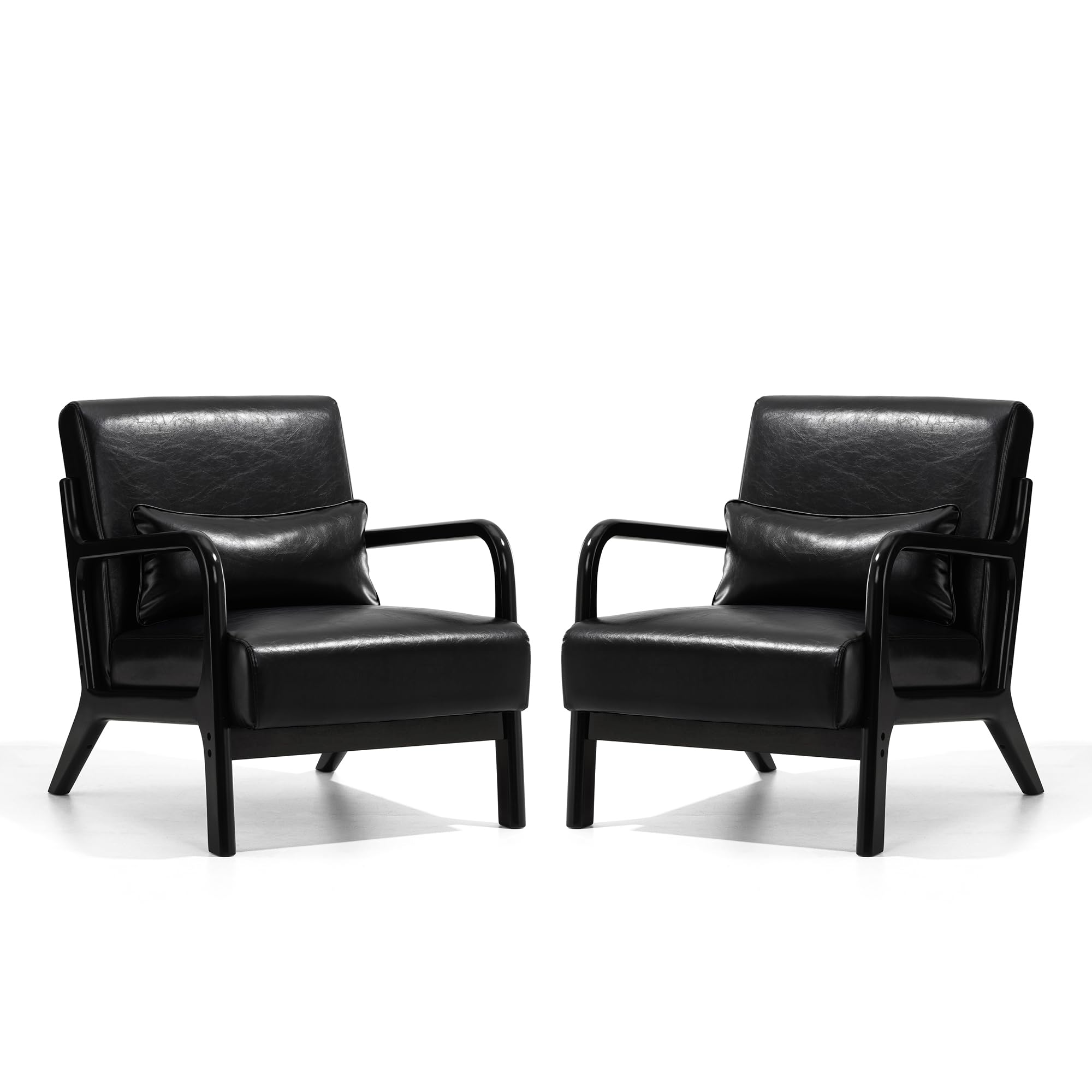 Glitzhome 2 Set Mid Century Black Accent Armchair, Single Reading Armchair PU Leather Lounge Chair with Walnut Ruberwood Frame