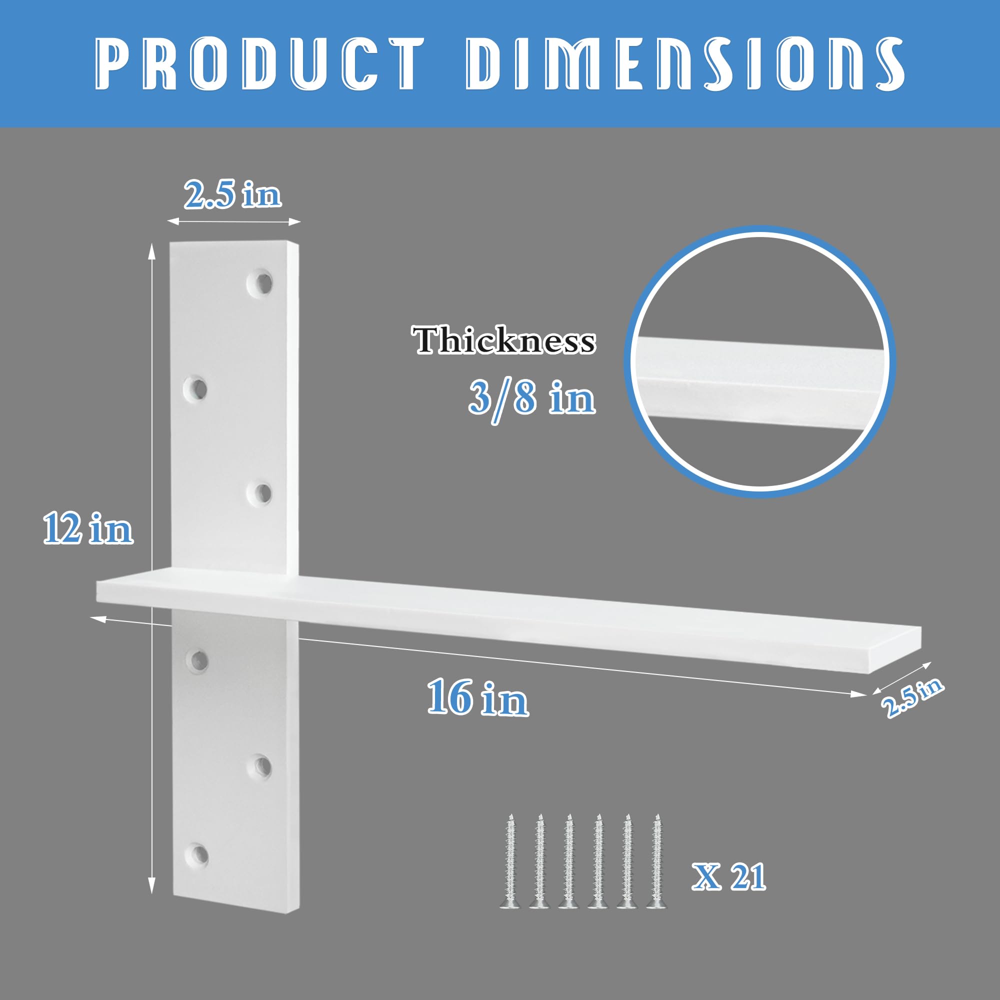 Floating Shelf Bracket 3/8" Thick Heavy Duty Shelf Brackets 2 Pack Free Hanging Countertop Support Bracket 8" Lx2.5 W Floating Wall Brackets for Cabinets, Granite, Dishwasher, Bench Seats Vanities