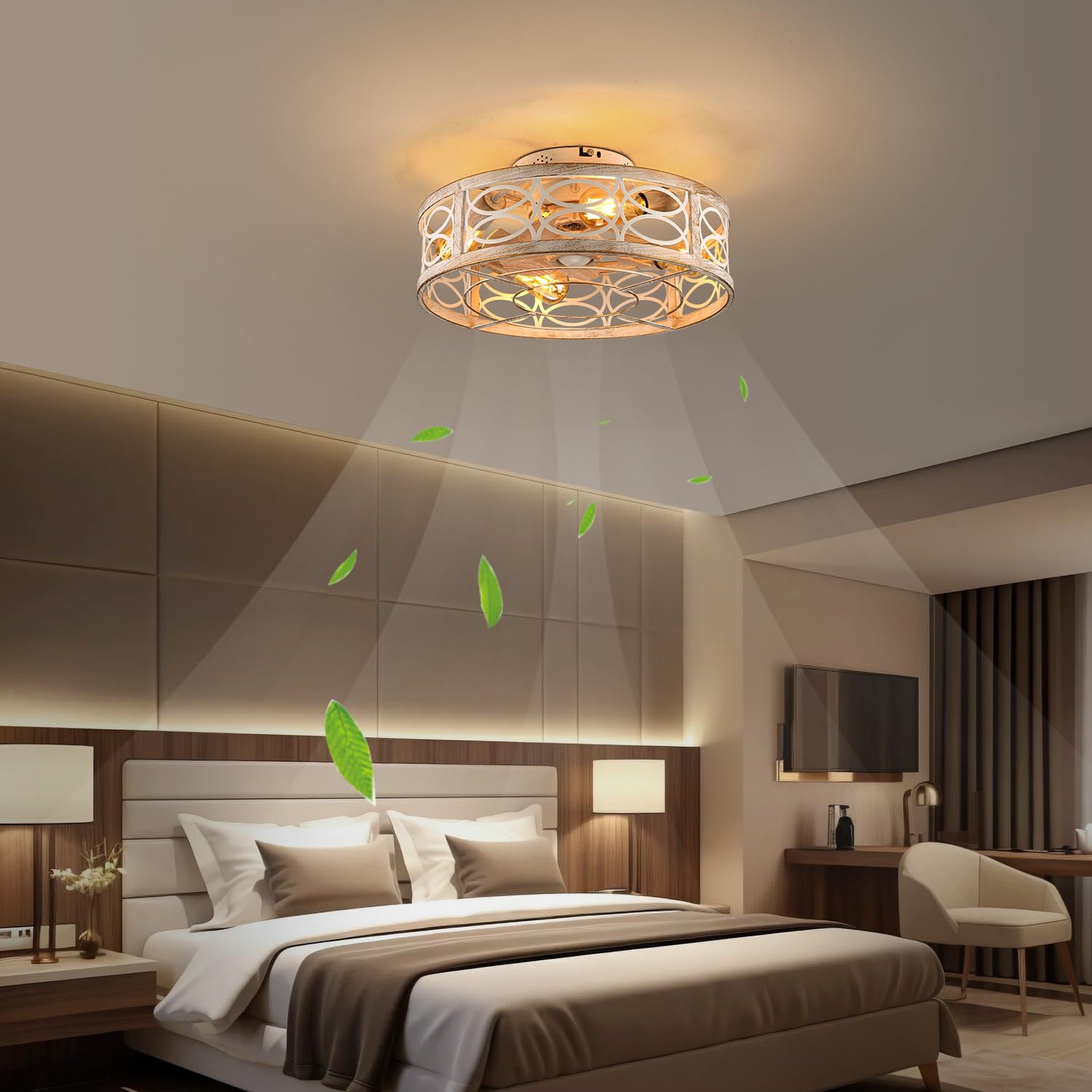 20" Boho Rattan Caged Ceiling Fan with Light,Low Profile Flush Mount Bladeless Ceiling Fan with Remote Control, 6 Speeds Reversible Silent Motor, Farmhouse Fabric Fandalier for Bedroom,Living Room