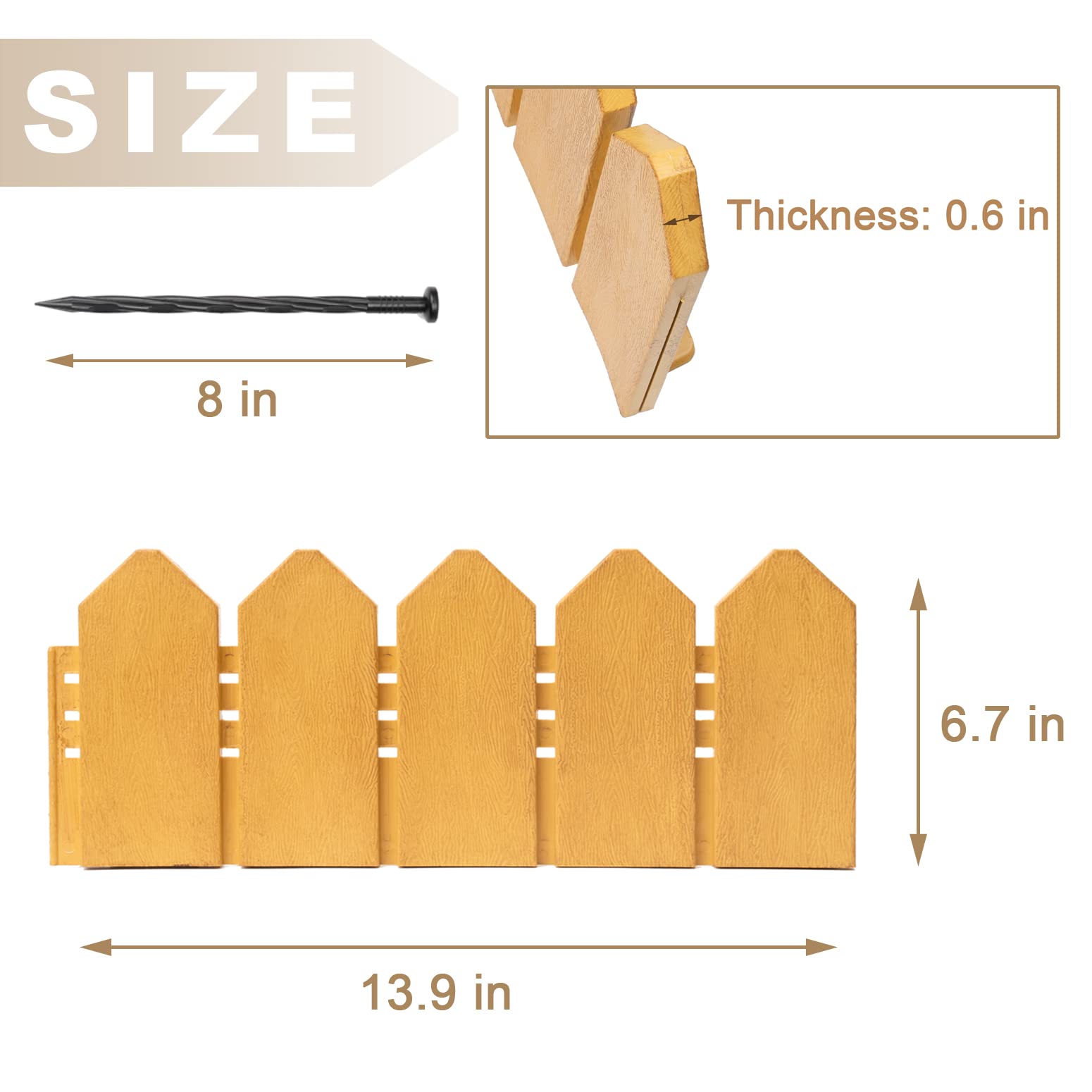 Garden Edging Border Kit 6.7 in Tall Decorative Double-Sided Wood-Look Fence Garden Border, Flower Bed Edging with 20 Anchoring Spikes, 9.3 Foot Kit (White)