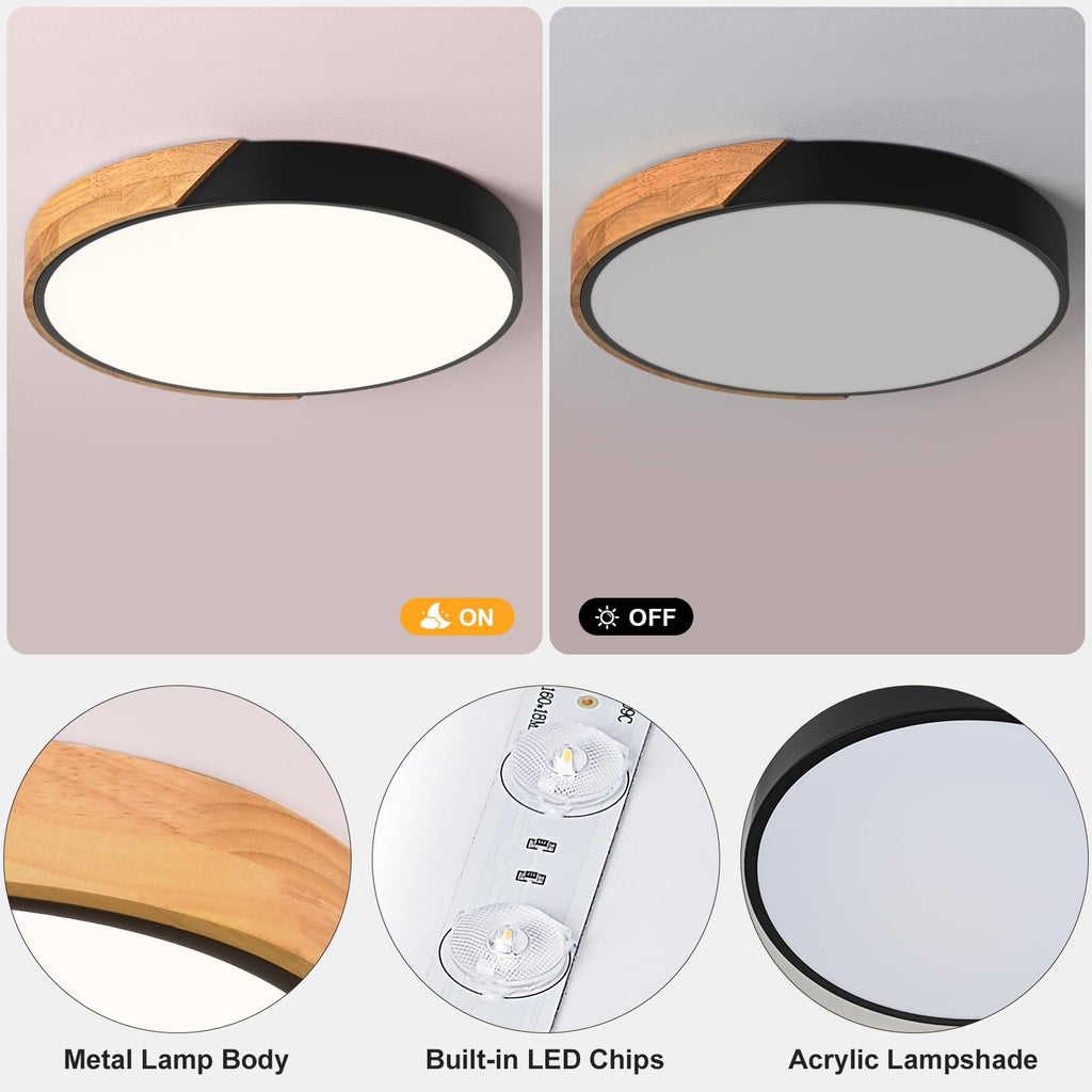 Modern LED Ceiling Light, Minimalist Wood Dimmable Flush Mount Ceiling Light Fixture, Round 5CCT Lighting Lamp with Acrylic Lampshade for Bedroom Hallway Kitchen Laundry, Black 11.8"