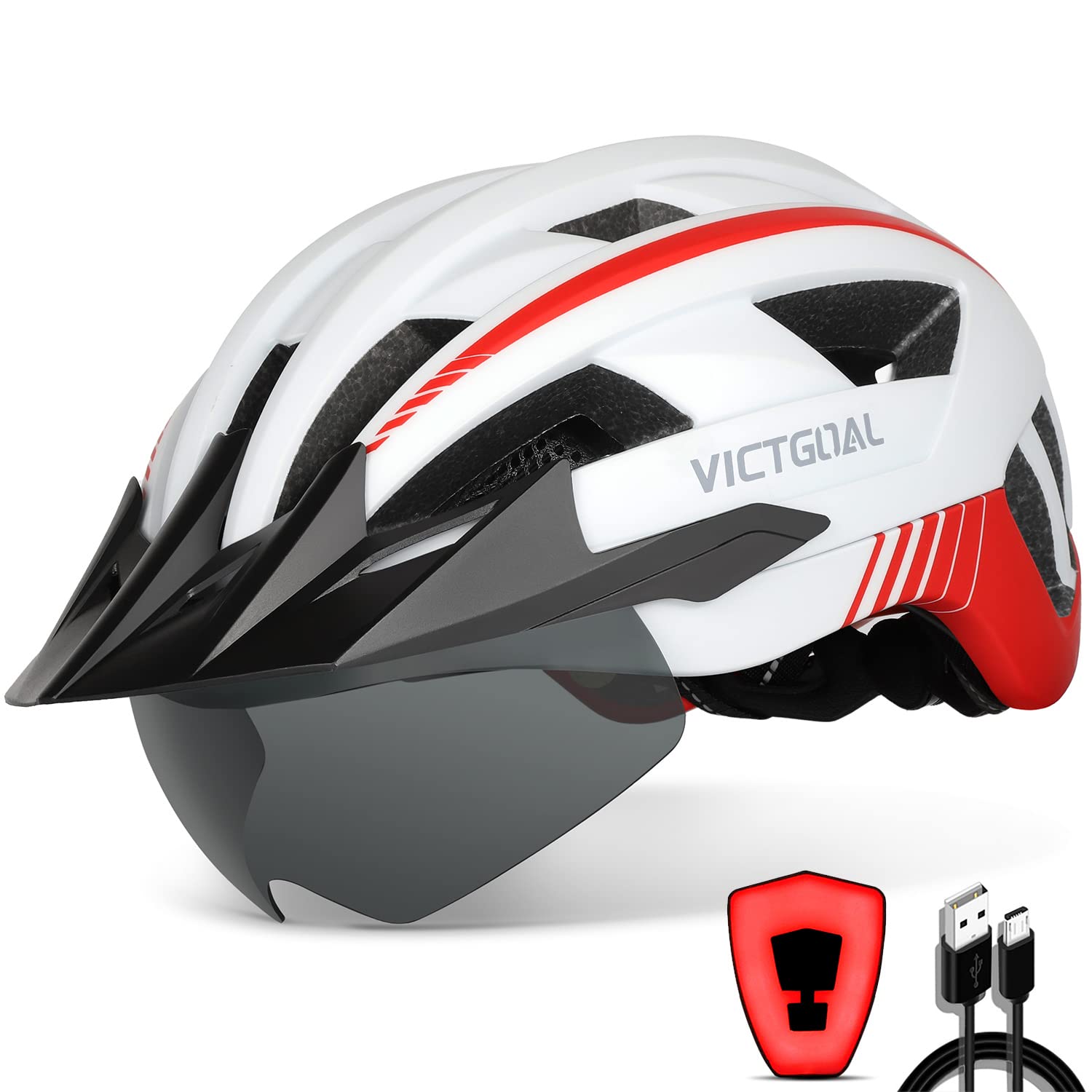 VICTGOAL Bike Helmet with USB Rechargeable Rear Light Detachable Magnetic Goggles Removable Sun Visor Mountain & Road Bicycle Helmets for Men Women Adult Cycling Helmets