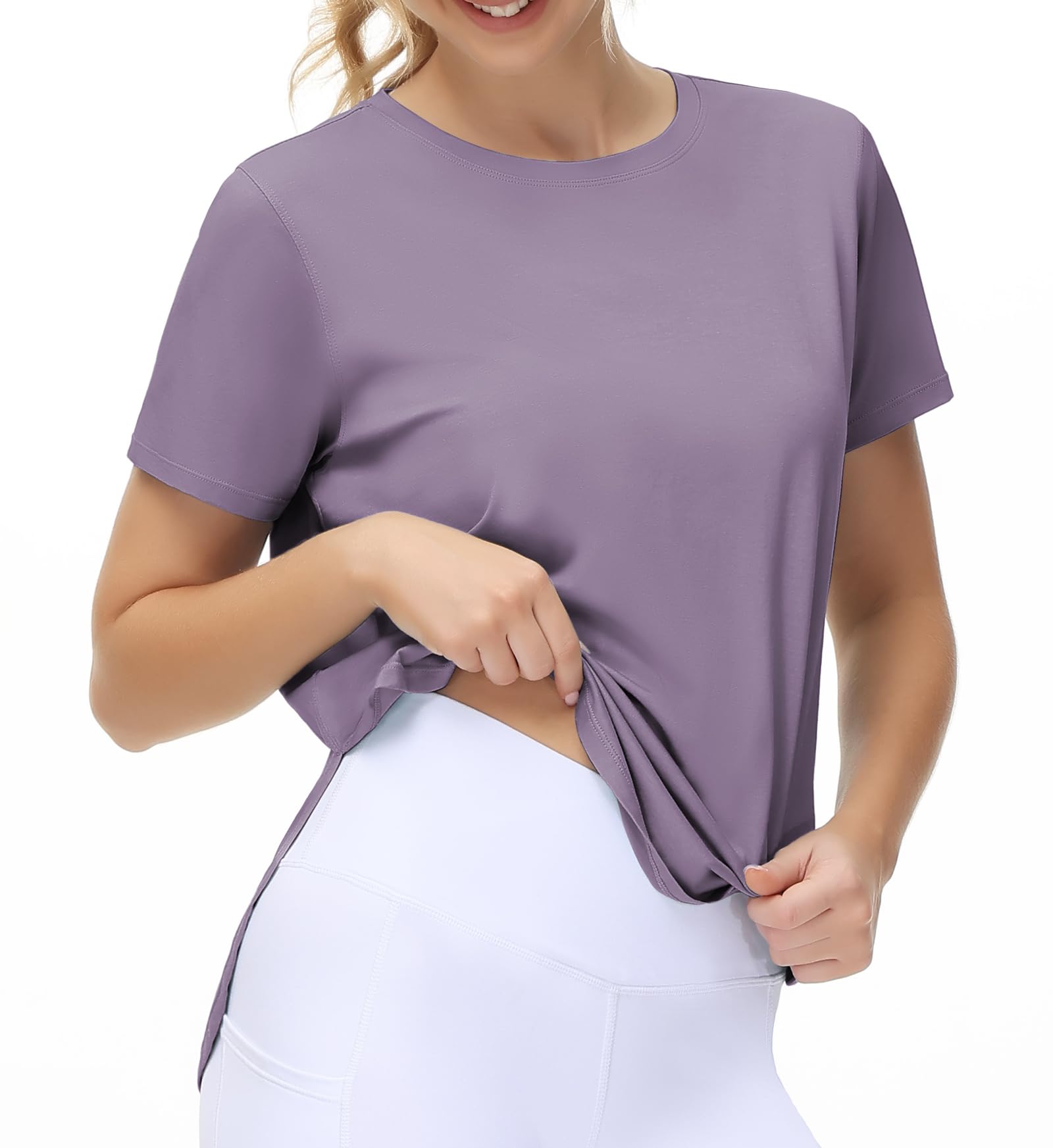 THE GYM PEOPLE Women's Workout T-Shirts Loose Fit Short Sleeve Cotton Running Basic Tee Tops with Split Hem