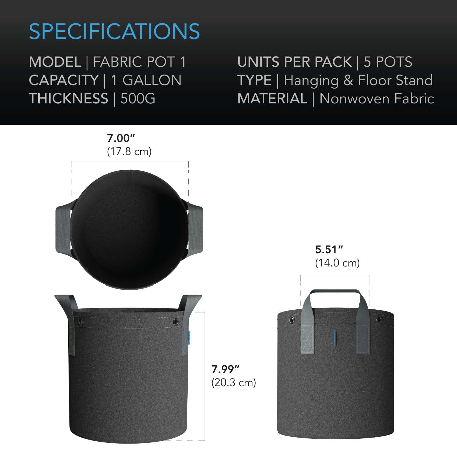 AC Infinity Heavy Duty Fabric Pots, 1 Gallon Aeration Reusable Grow Bags 5-Pack with 500G Thick Nonwoven Fabric and Multi-Purpose Rings, for Low Stress Plant Training Fruits, Vegetables, and Flowers