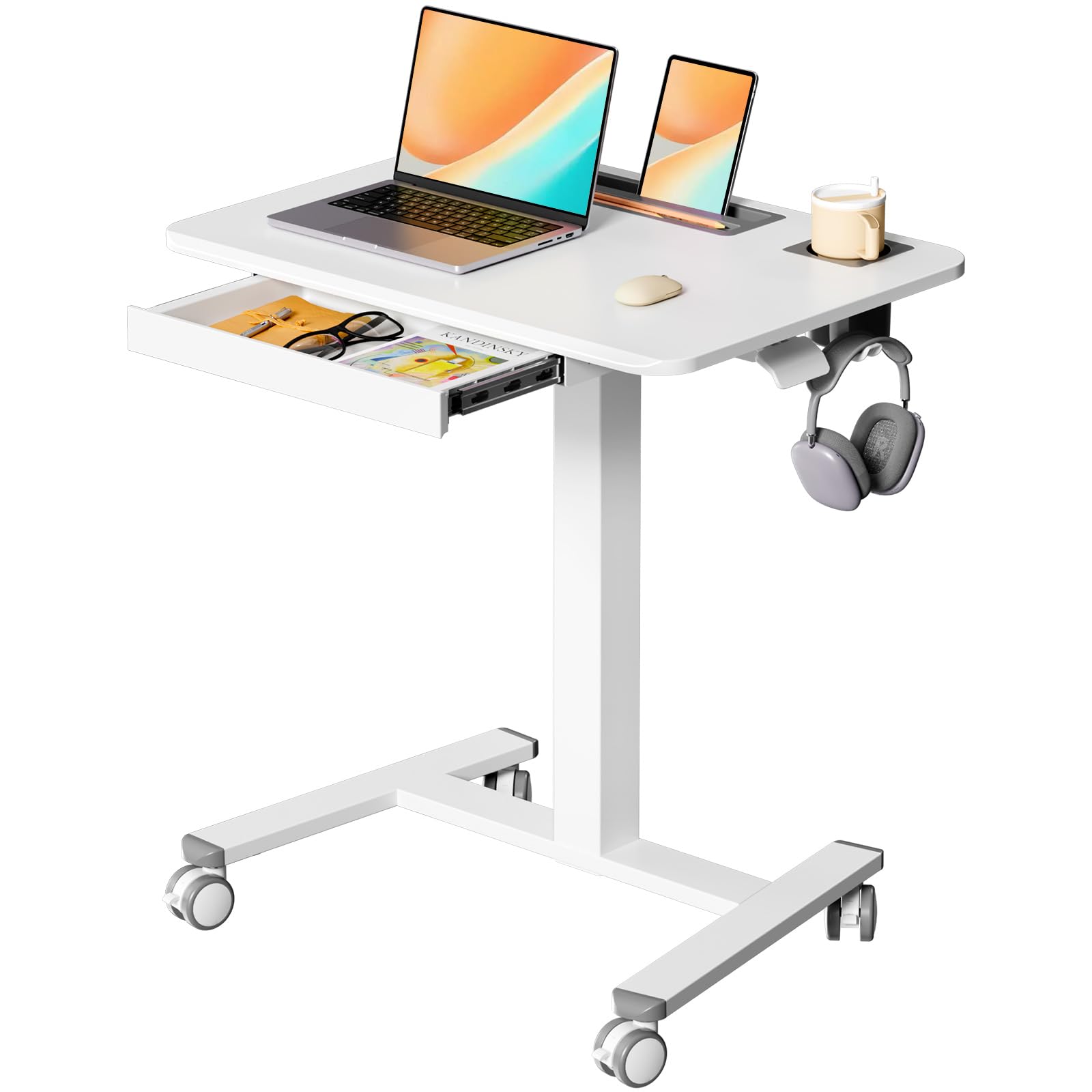 Small Mobile Standing Desk with Drawer, 23.6"x19.7" Rolling Laptop Cart on Wheels, Height Adjustable Sit Stand Computer Workstation with Storage for Compact Space, Black