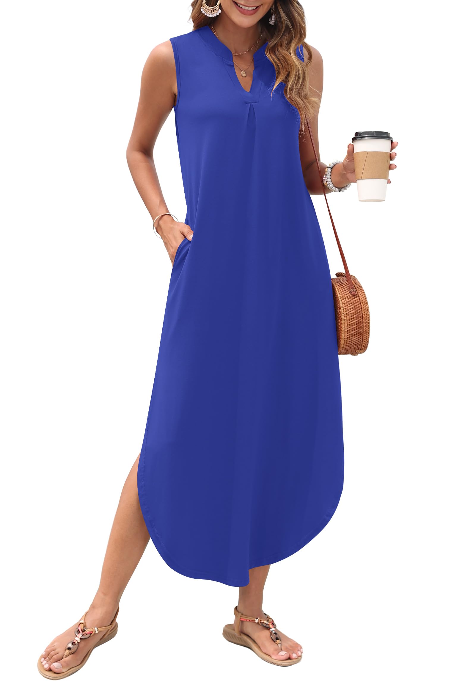 AUSELILY Womens Summer Casual Maxi Dresses 2026 Sleeveless Long Beach Dresses V Neck Loose Sundresses with Side Split Pockets