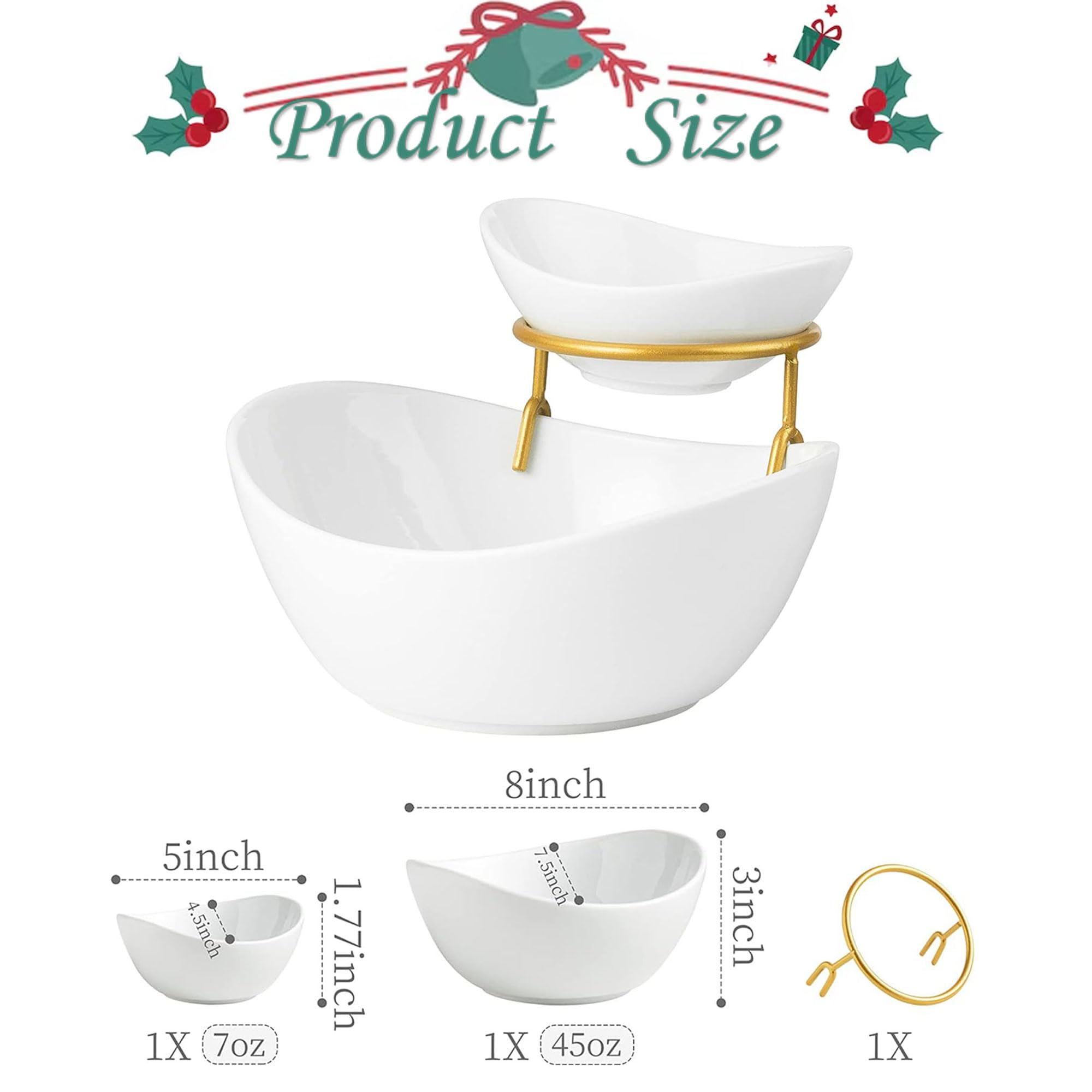 Miamolo 3 Tier Serving Bowls with Stand for Entertaining Party | Ceramic, Chip and Dip Set | Food Display for Fruit Salad Snacks | Space-saving Storage | Microwave & Dishwasher Safe