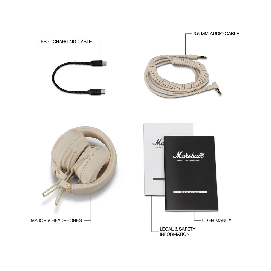 Marshall Major V Wireless On-Ear Bluetooth Headphones - 100+ Hr Playtime | Detachable Audio Cable | Microphone for Calls | Lightweight, Foldable Design for Travel - Black