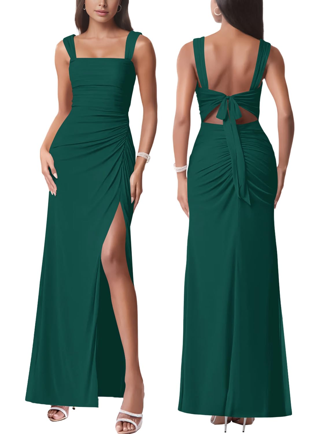 Women Sexy Mesh Tie Low Back Sleeveless Split Ruched Maxi Dress Party Cocktail Long Dress Wedding Guest Dresses