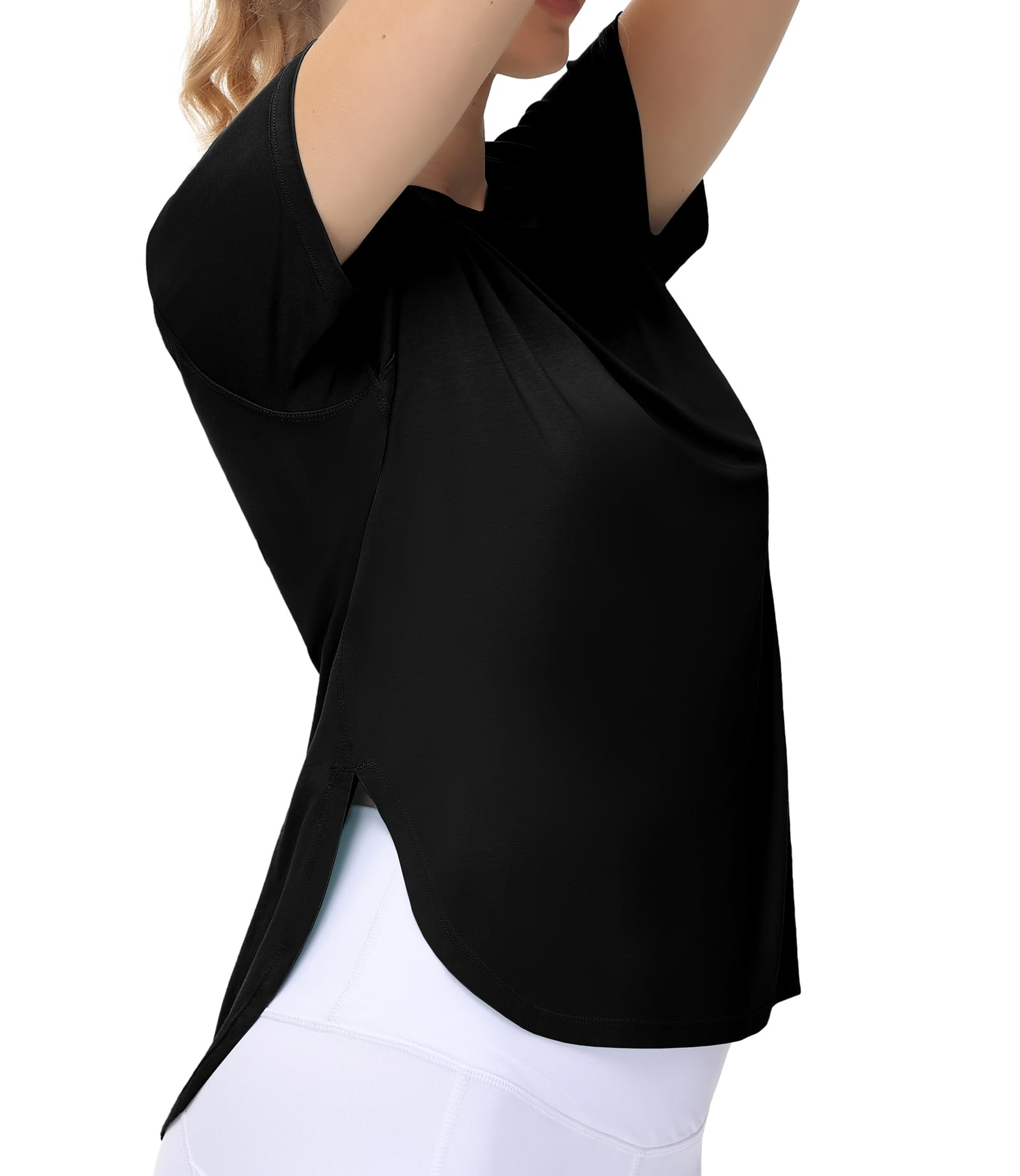 THE GYM PEOPLE Women's Workout T-Shirts Loose Fit Short Sleeve Cotton Running Basic Tee Tops with Split Hem