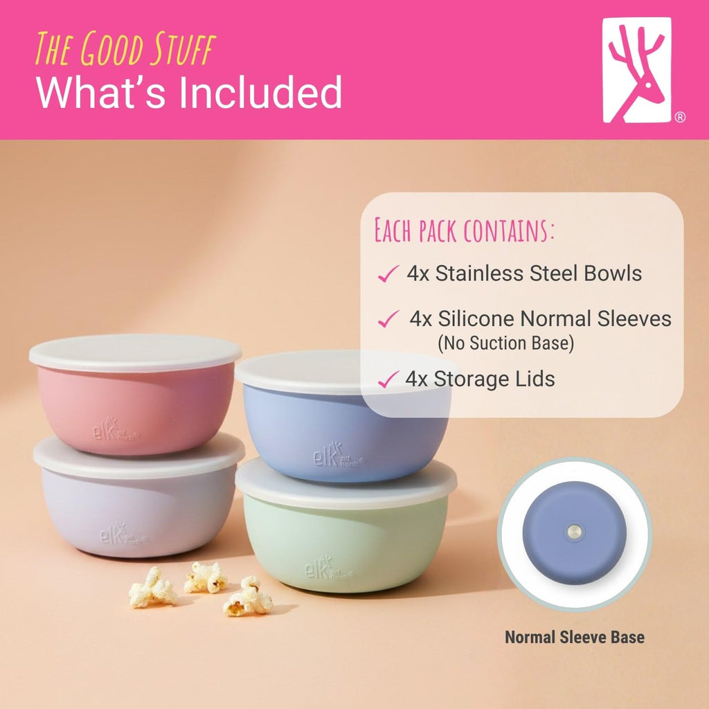 Elk and Friends Stainless Steel Bowls + Silicone Sleeve and Storage Lid | Baby, Toddler, Kids | Cereal & Snack Bowls | Storage Containers | Dishwasher Safe | 4 Pack