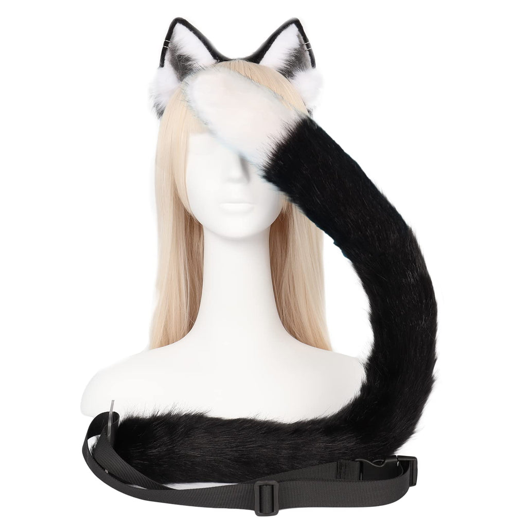 QinRuan Animal Cosplay Costume Accessories Furry Faux Fur Cat Ears Headband and Fox Tail Set Halloween Accessory