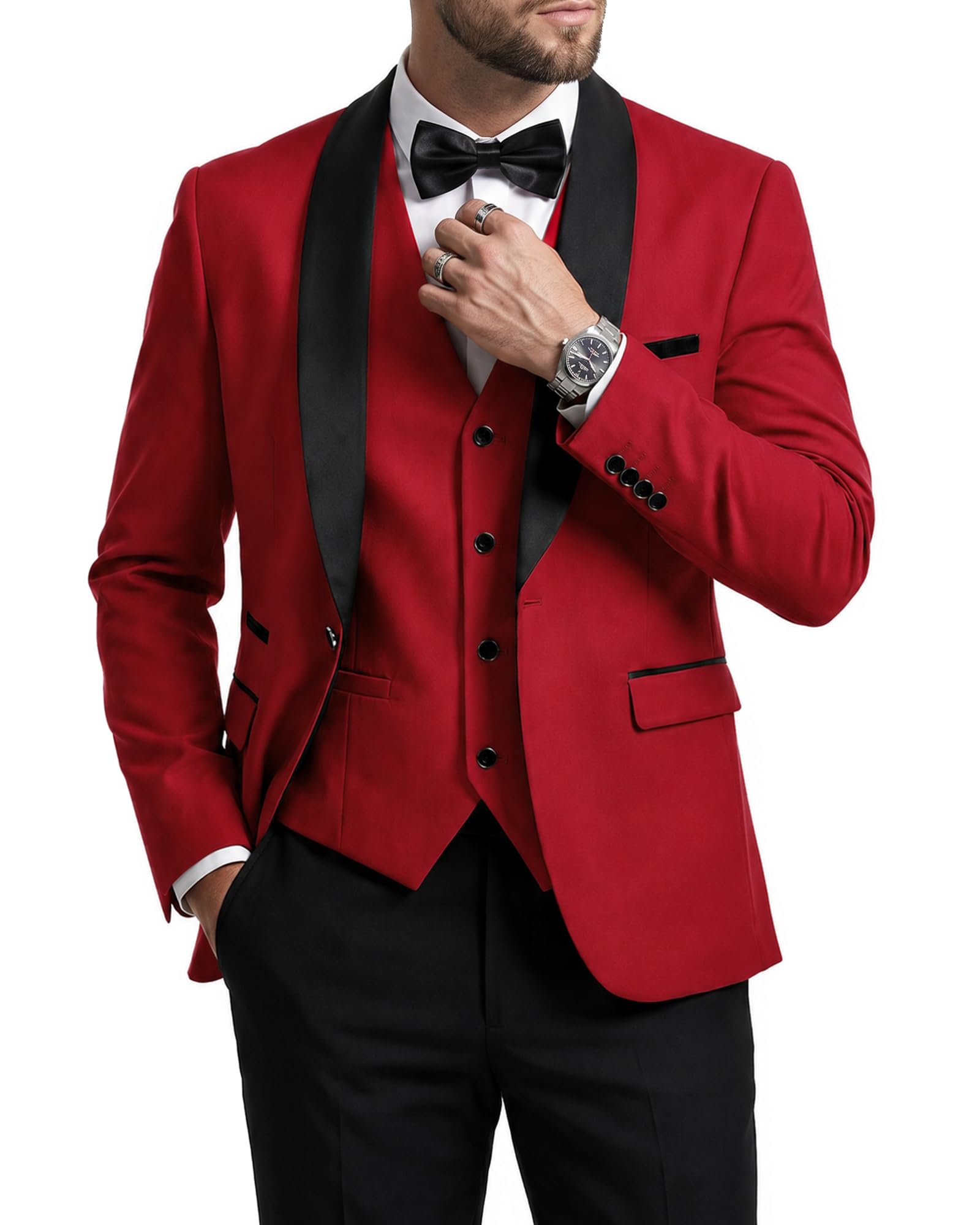 MrSure Men’s 3 Piece Slim Fit Suit, One Button Shawl Lapel Tuxedo, Premium Dinner Jacket Vest Pants & Tie Set