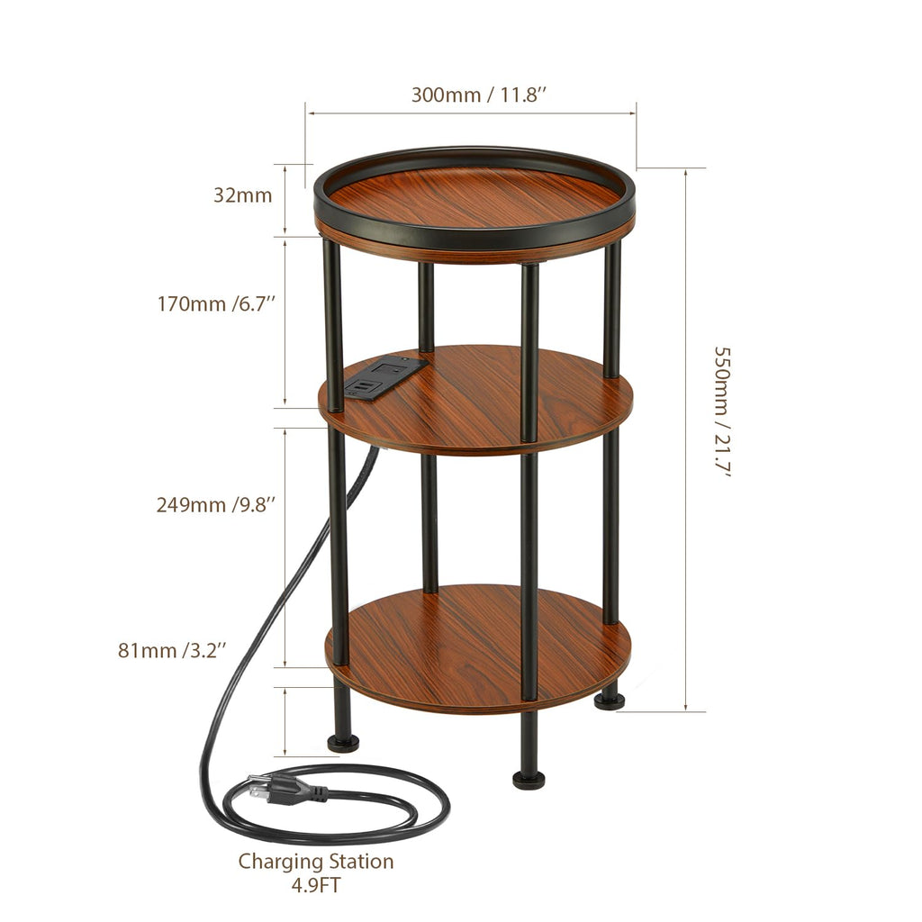 Small Round Side Table with Charging Station for Small Spaces, 3-Tier Accent Table with USB Ports & Power Outlets, Sofa Corner Tea Table for Living Room Nightstand Bedroom Apartment (Black)