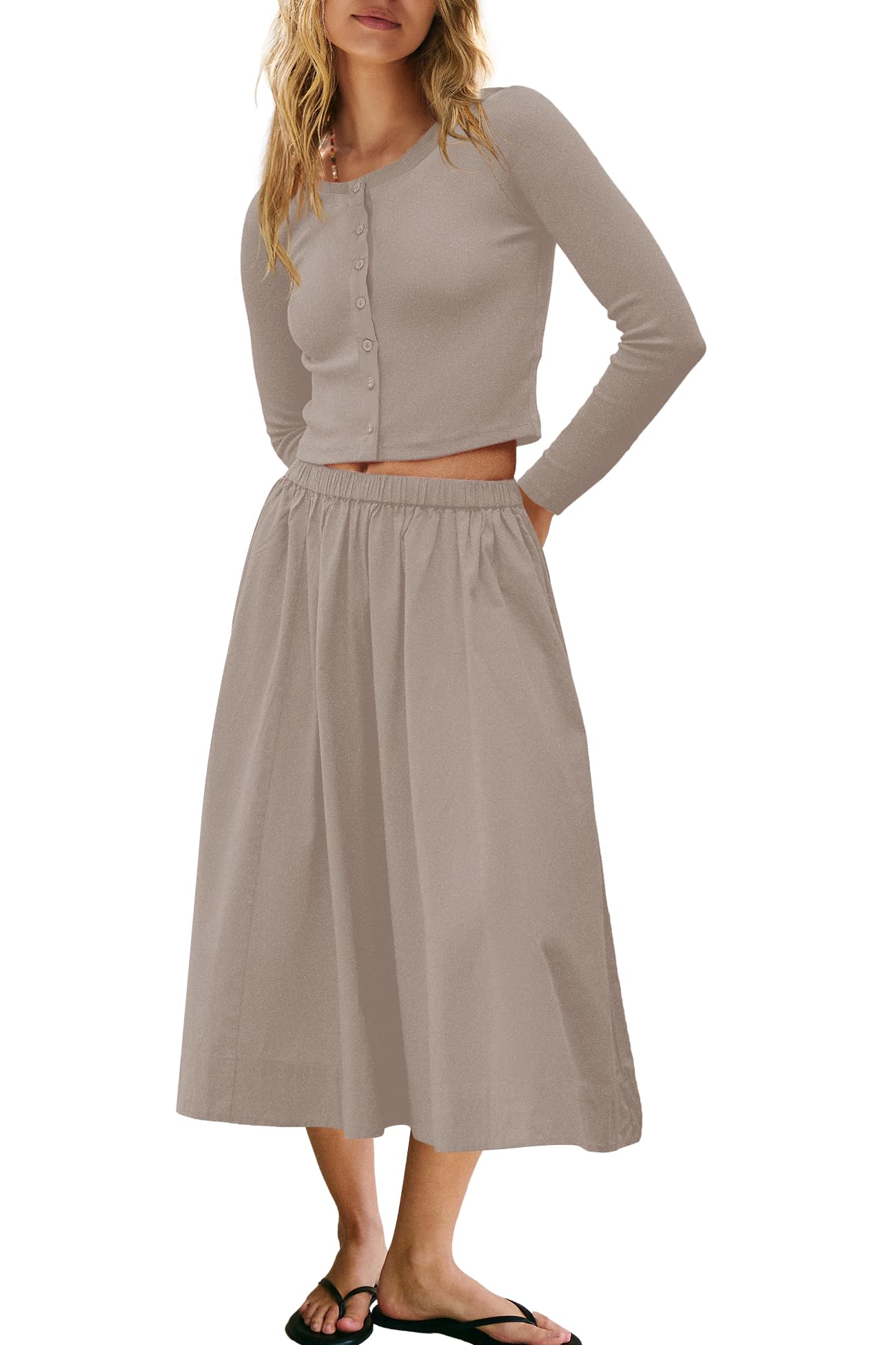 Panadila Womens 2 Piece Lounge Sets Matching Vacation Outfits Ribbed Button Down Cardigan and Elastic Waist Skirt Sets