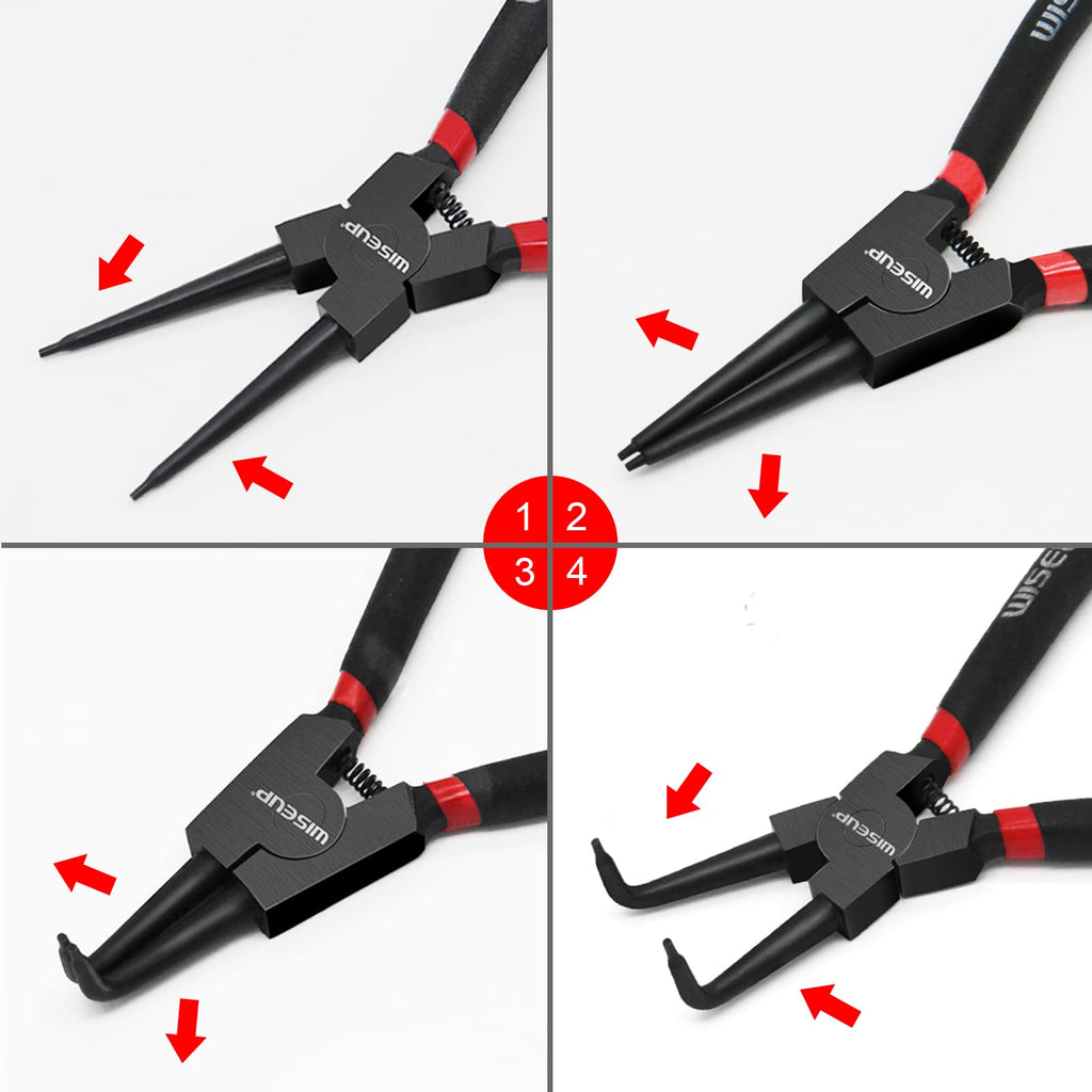 WISEUP Snap Ring Pliers Set, Heavy Duty 4PCS-7 inch Internal/External Circlip Pliers Kit, Straight/Bent Jaw Tips for C-Clip Ring Remover