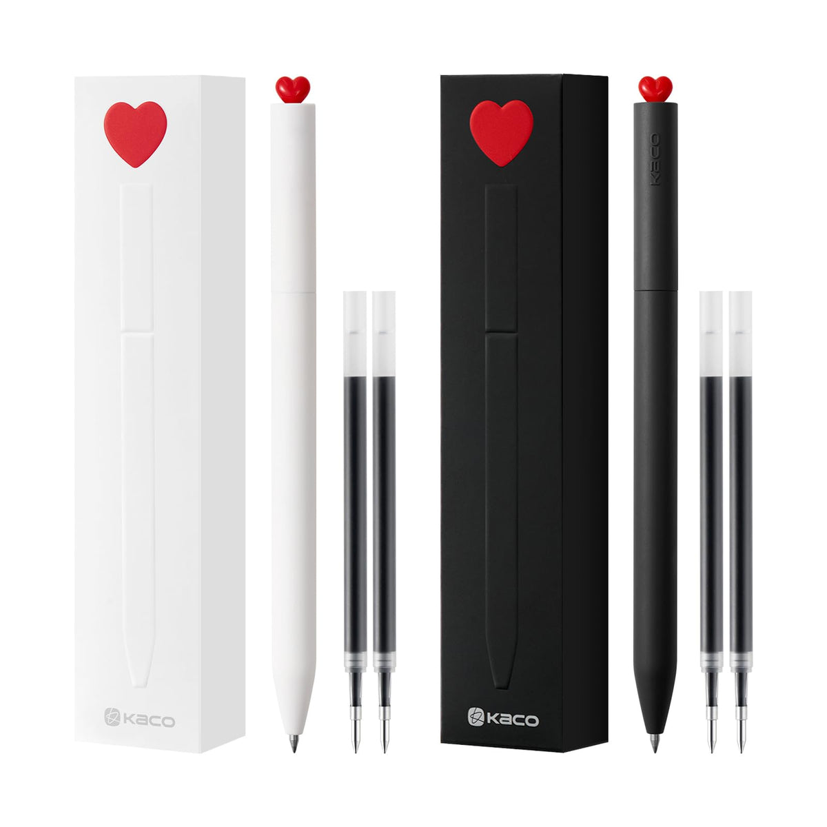 Kaco FIRST Gel Pens, Pack of 2 Pieces Cute Stationery Heart Pen Set with Extra 4 Black Refills Quick Drying Holiday Office Supplies (2 Colors)