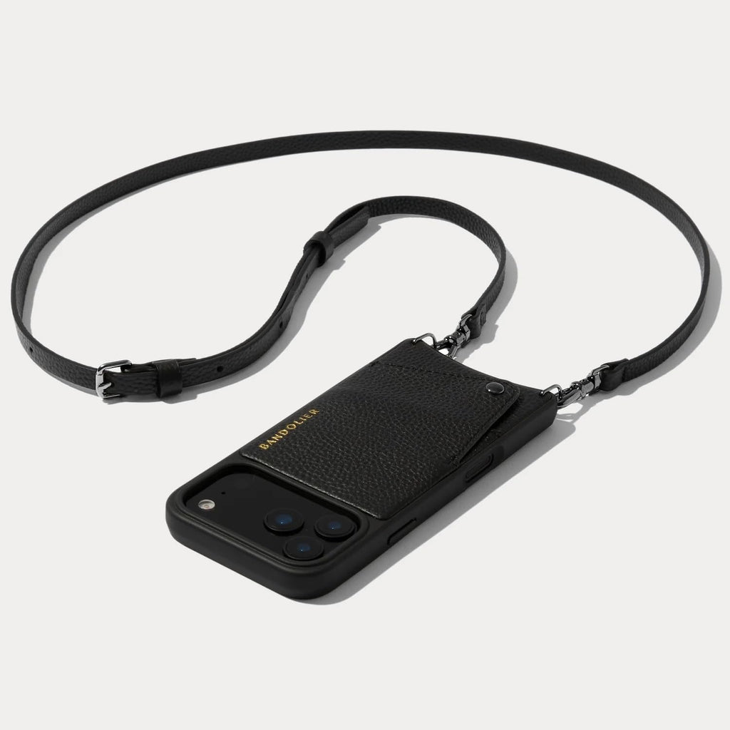 Bandolier Emma Crossbody Wallet Phone Case for iPhone 15 Pro Max. 100% Genuine Pebble Leather. Adjustable & Removable Crossbody Strap. Card Holder with Snap Closure. Black with Gold Hardware