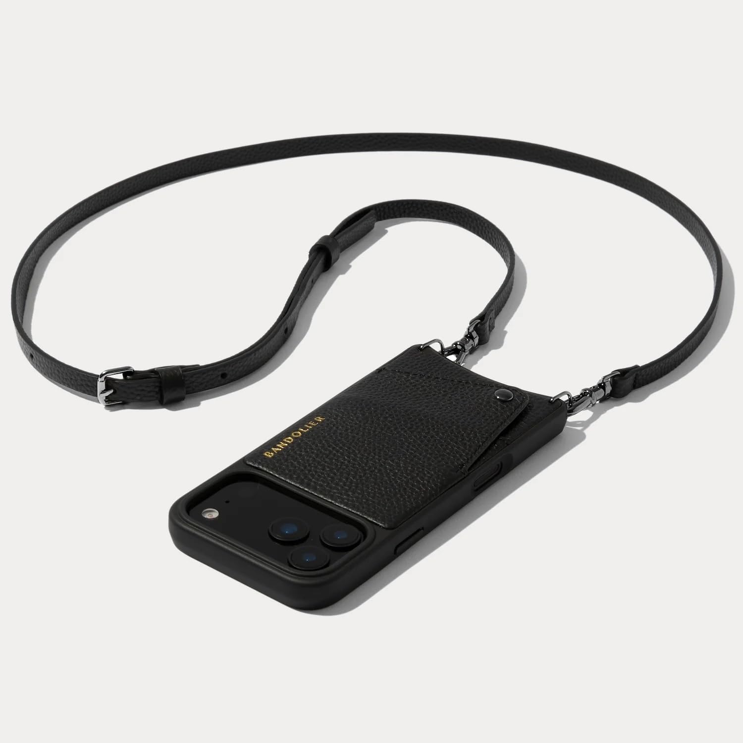 Bandolier Emma Crossbody Wallet Phone Case for iPhone 15 Pro Max. 100% Genuine Pebble Leather. Adjustable & Removable Crossbody Strap. Card Holder with Snap Closure. Black with Gold Hardware