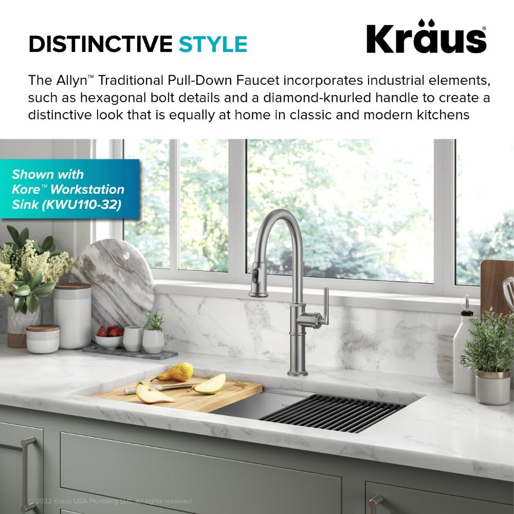 KRAUS Allyn Transitional Bridge Kitchen Faucet with Pull-Down Sprayhead in Brushed Gold, KPF-3121BG