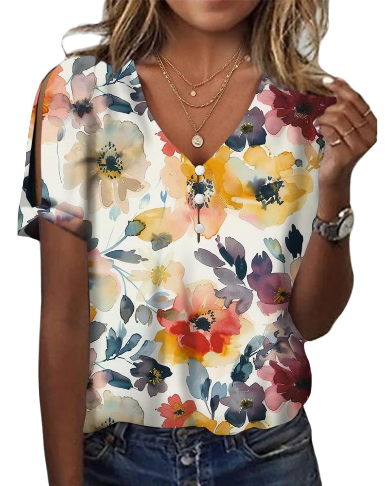 HOTYD Women's Boho Floral Print Ladies Short Sleeve Tops Summer Blouses Dressy Casual V Neck Cold Shoulder Tunic Tops