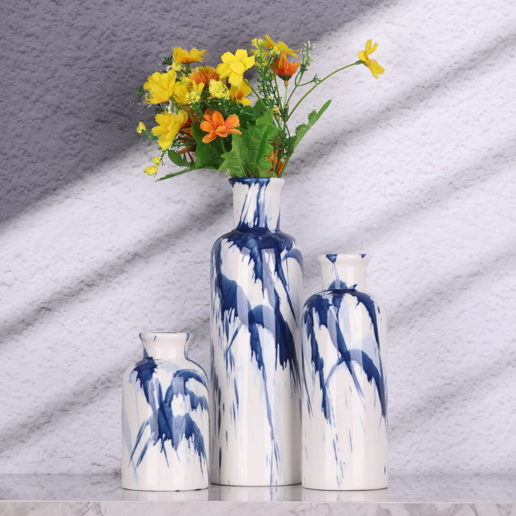 Ceramic Vase Set - 3 Ceramic Small Vases, Farmhouse Country Flower Vase Home Decor, Living Room Decoration, Table Decoration, Fireplace Decor, and Entrance Decorations Centerpieces