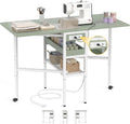 Besiost Folding Sewing Cutting Table with Charging Station, Height Adjustable Craft Table with Storage, 50" Foldable Fabric Cutting Tables for Sewing Room Craft Room, Cyan