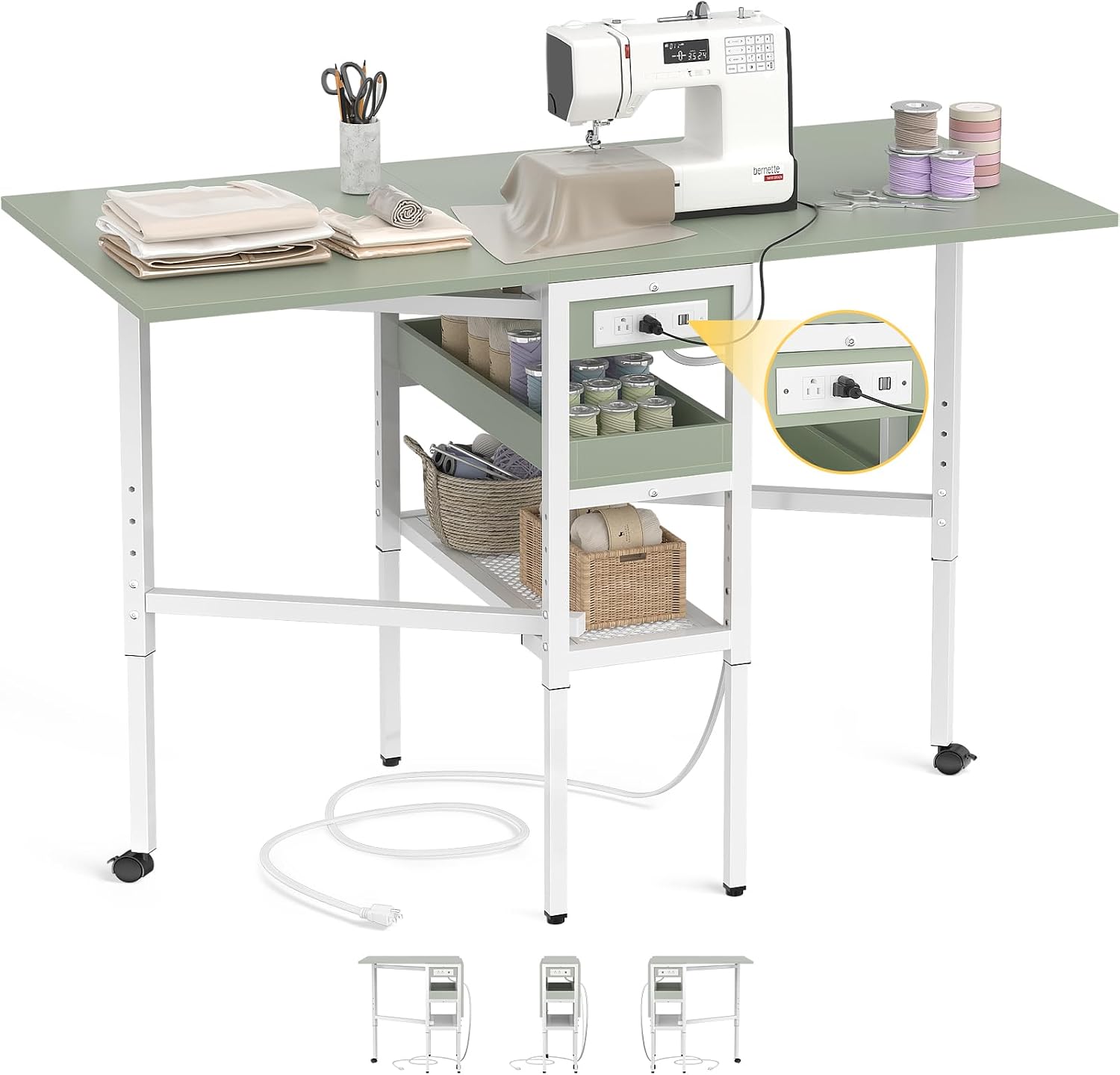 Besiost Folding Sewing Cutting Table with Charging Station, Height Adjustable Craft Table with Storage, 50" Foldable Fabric Cutting Tables for Sewing Room Craft Room, Cyan