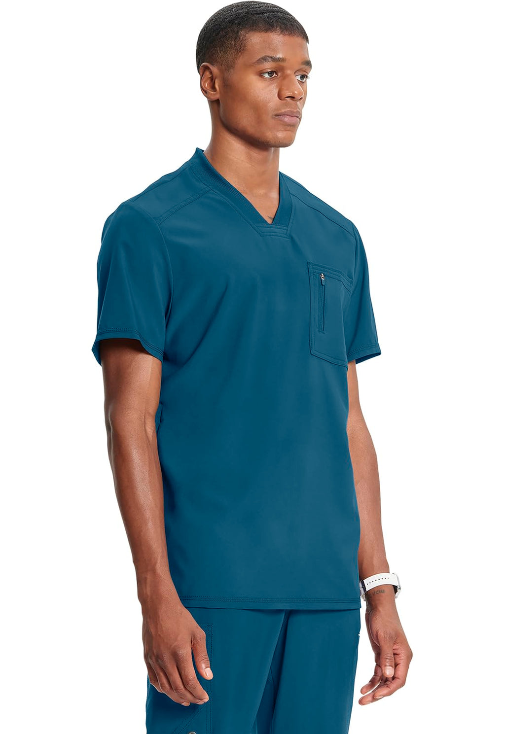 Cherokee Infinity Mens Tuckable V-Neck Scrub Top Modern Fit, 2 Pockets, Zip Chest Pocket, Rib-Knit, 360° Stretch – CK910A
