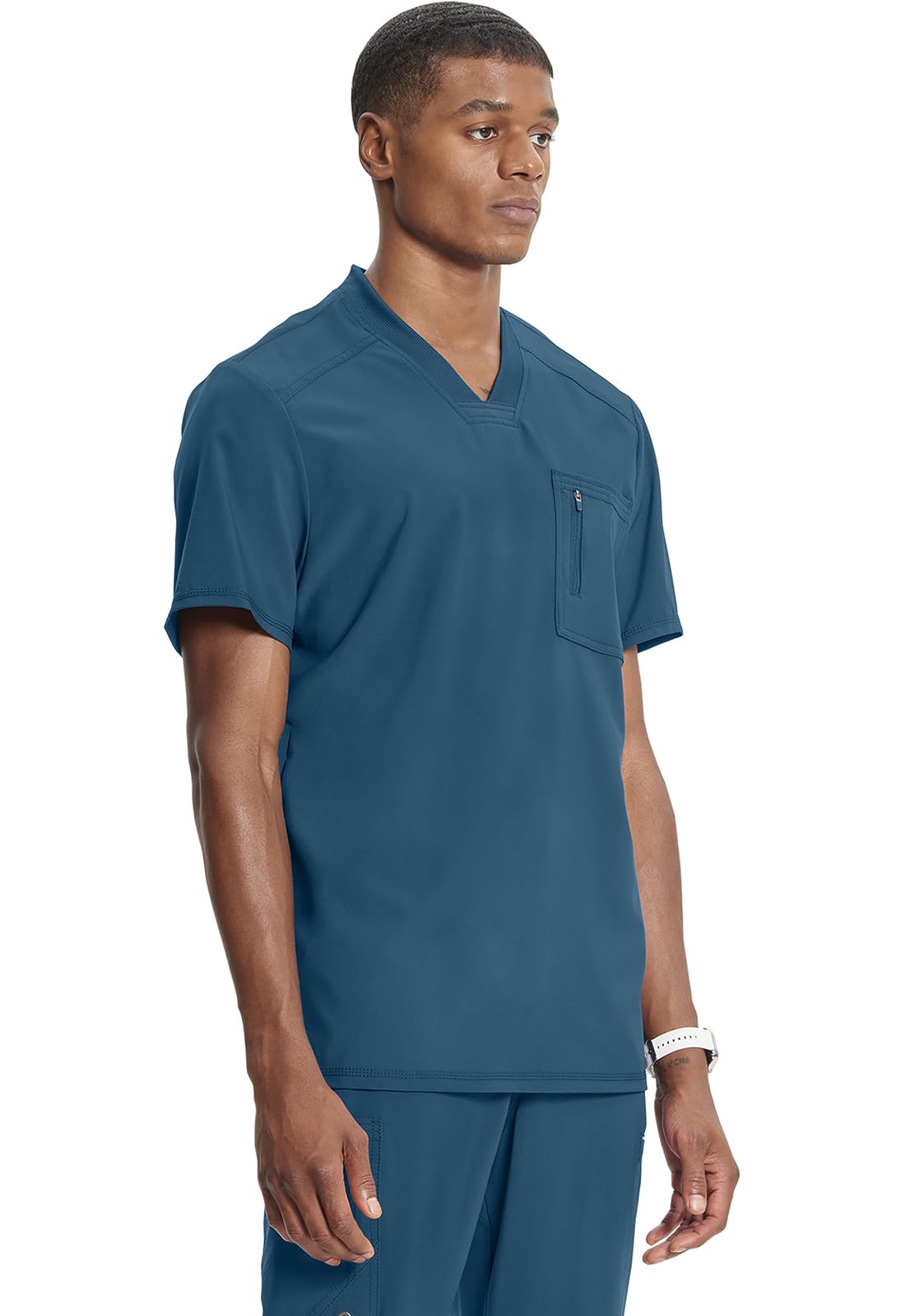 Cherokee Infinity Mens Tuckable V-Neck Scrub Top Modern Fit, 2 Pockets, Zip Chest Pocket, Rib-Knit, 360° Stretch – CK910A