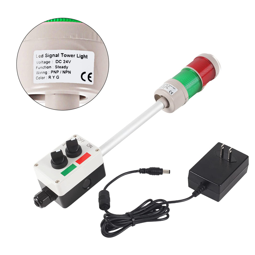 2-Stack LED Andon Tower Light with Buzzer | Industrial Warning Signal, Red/Green,On/Off or Flash, ABB Switch, Mean Well 120V-24V Adapter, Plug-and-Play