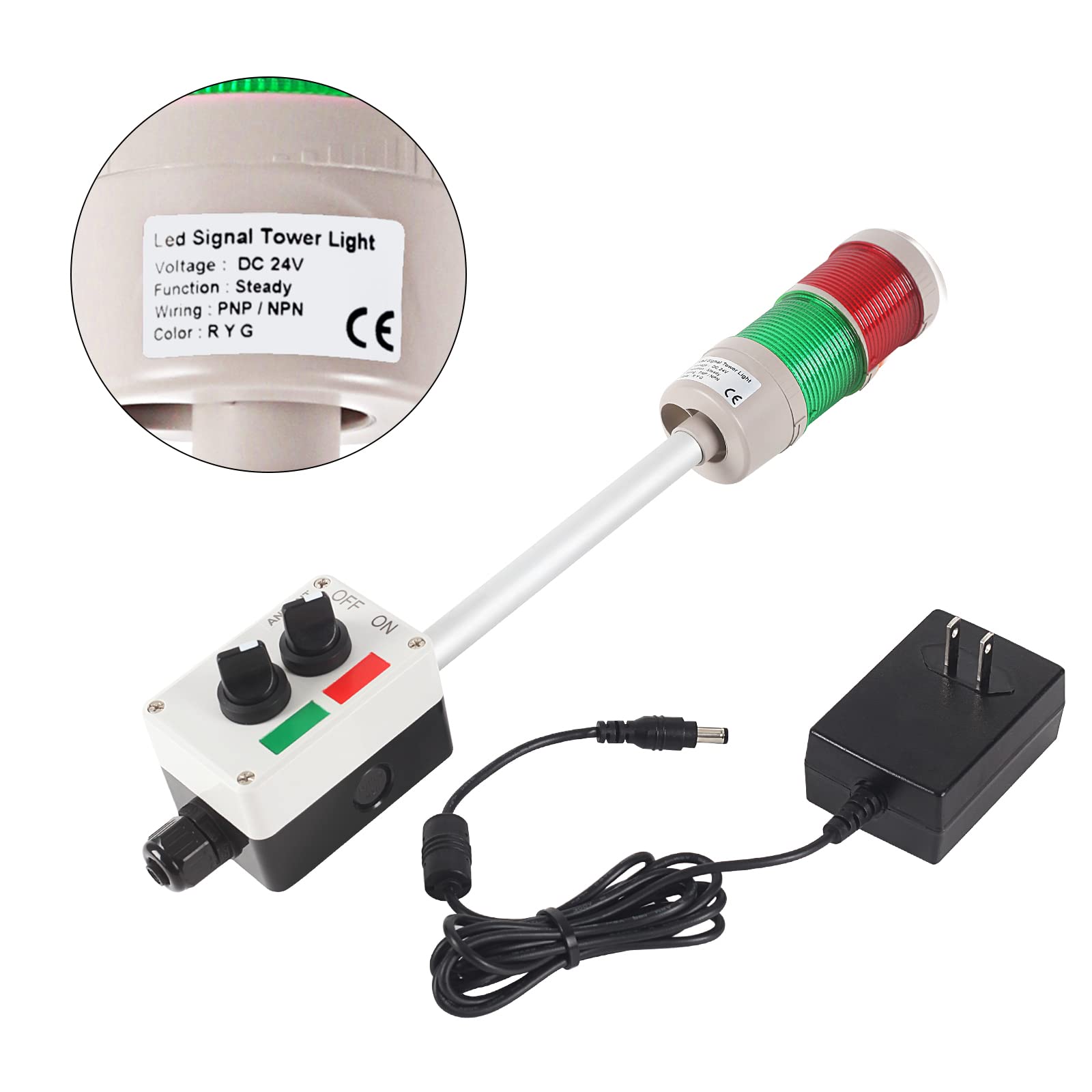 2-Stack LED Andon Tower Light with Buzzer | Industrial Warning Signal, Red/Green,On/Off or Flash, ABB Switch, Mean Well 120V-24V Adapter, Plug-and-Play