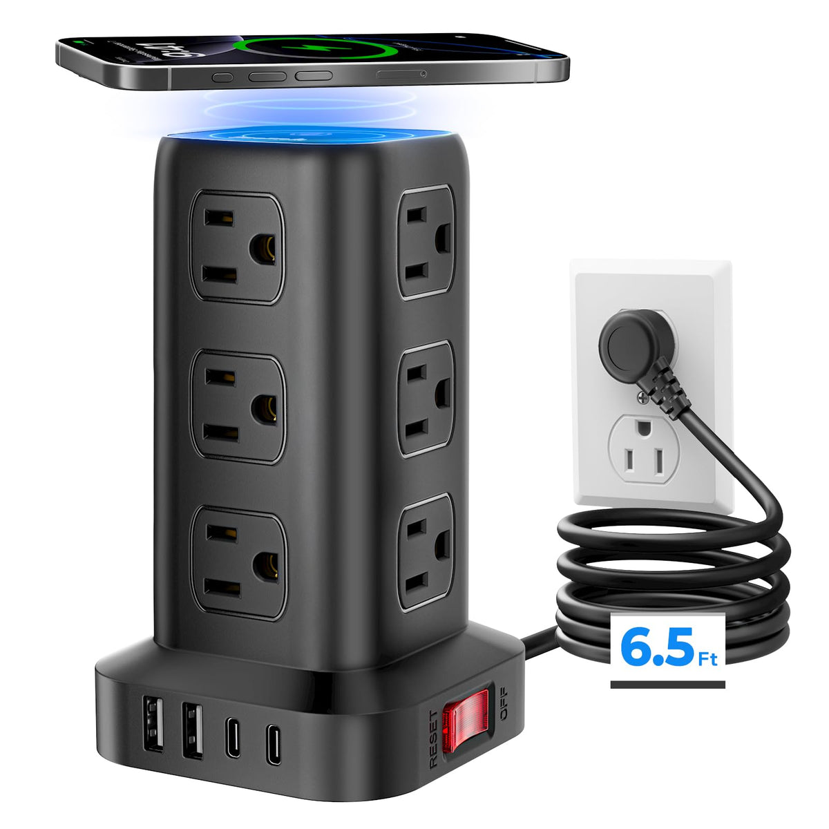 Tower Surge Protector Power Strip with 12 Outlets 4 USB (1 USB C), 6.5Feet Extension Cord with Multiple Outlets, Charging Station, Power Strip Tower, Office Desk Supplies