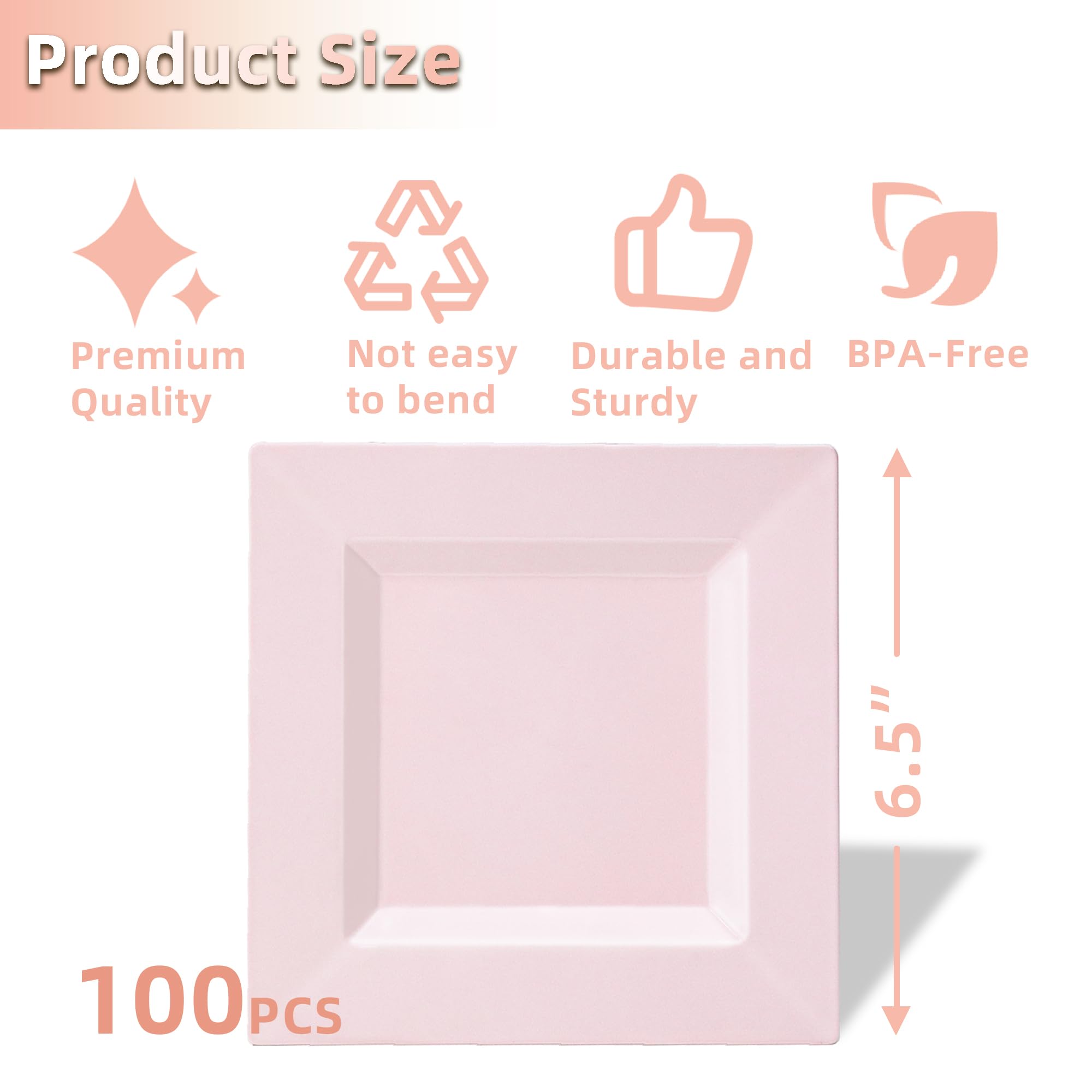 100 Pack Black Plastic Square Dessert Plates, 6.5" Disposable Salad Plates Heavy Duty Plates for Party, Wedding, Christmas, Easter